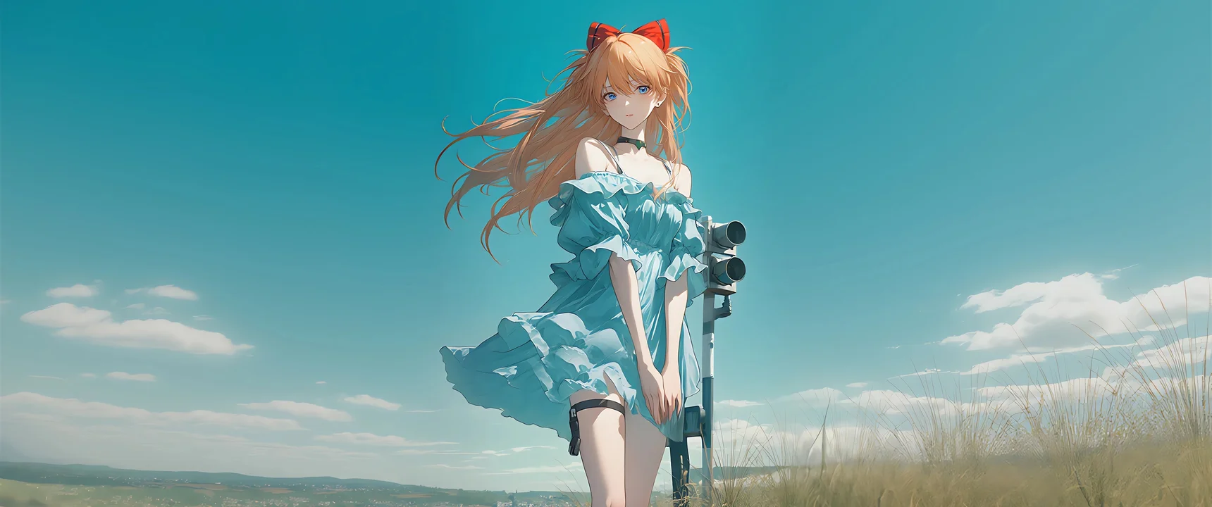 明日香蓝裙，晴空风影 4K 同人插画壁纸