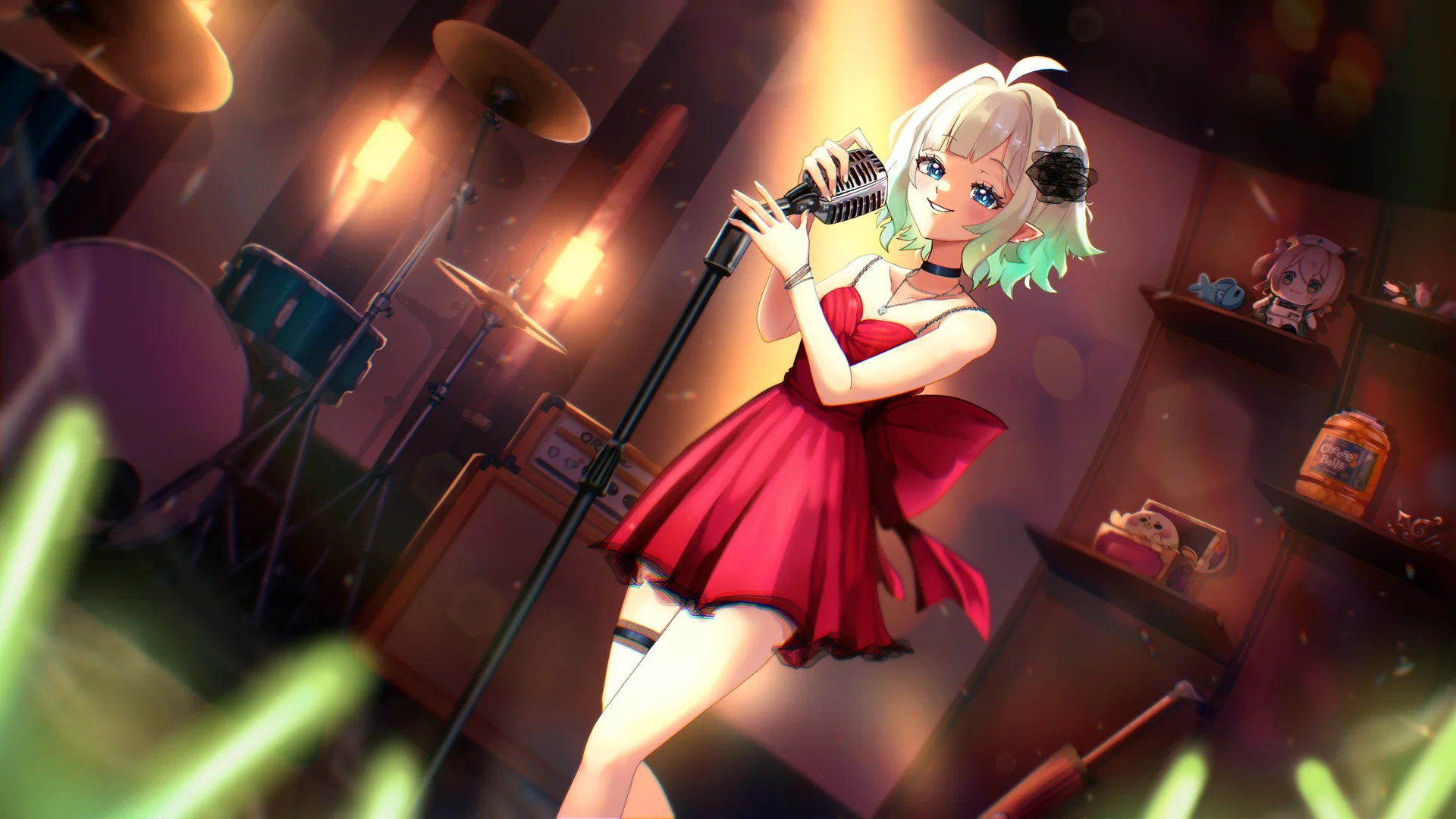 红裙精灵少女乐队主唱，霓虹舞台 4K 插画壁纸