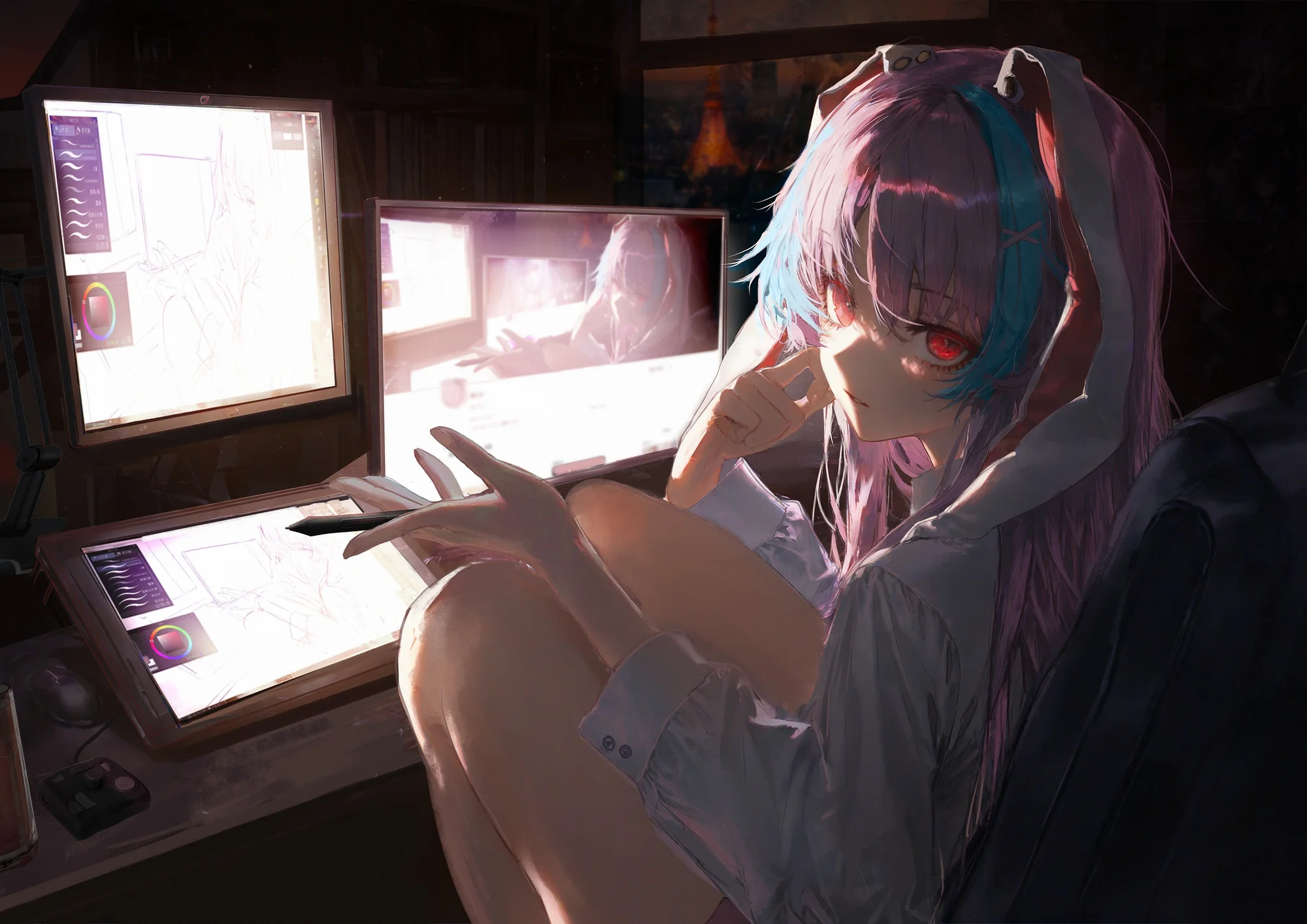 粉发紫瞳画师少女，绘夜独白 4K 插画壁纸