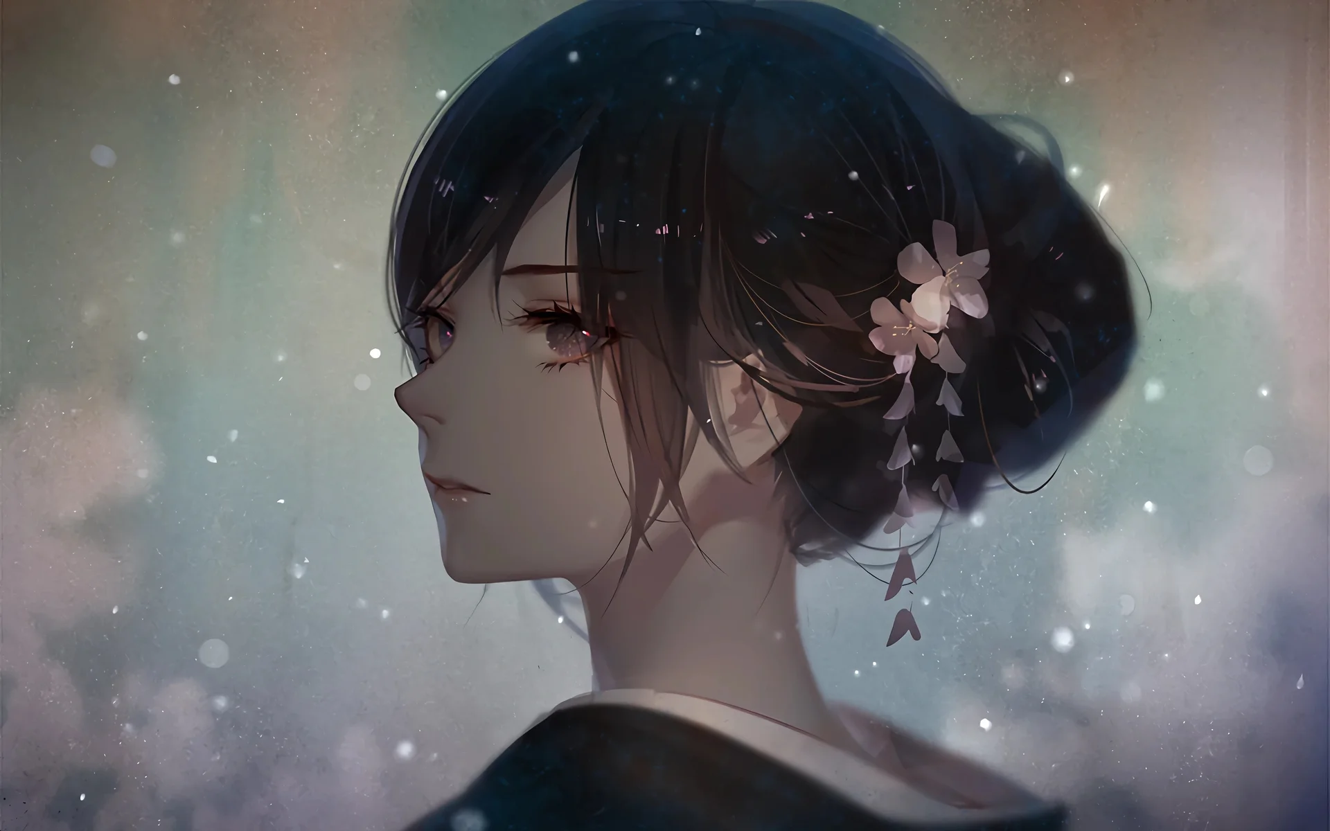 黑发簪花少女，樱雪清颜 4K 插画壁纸