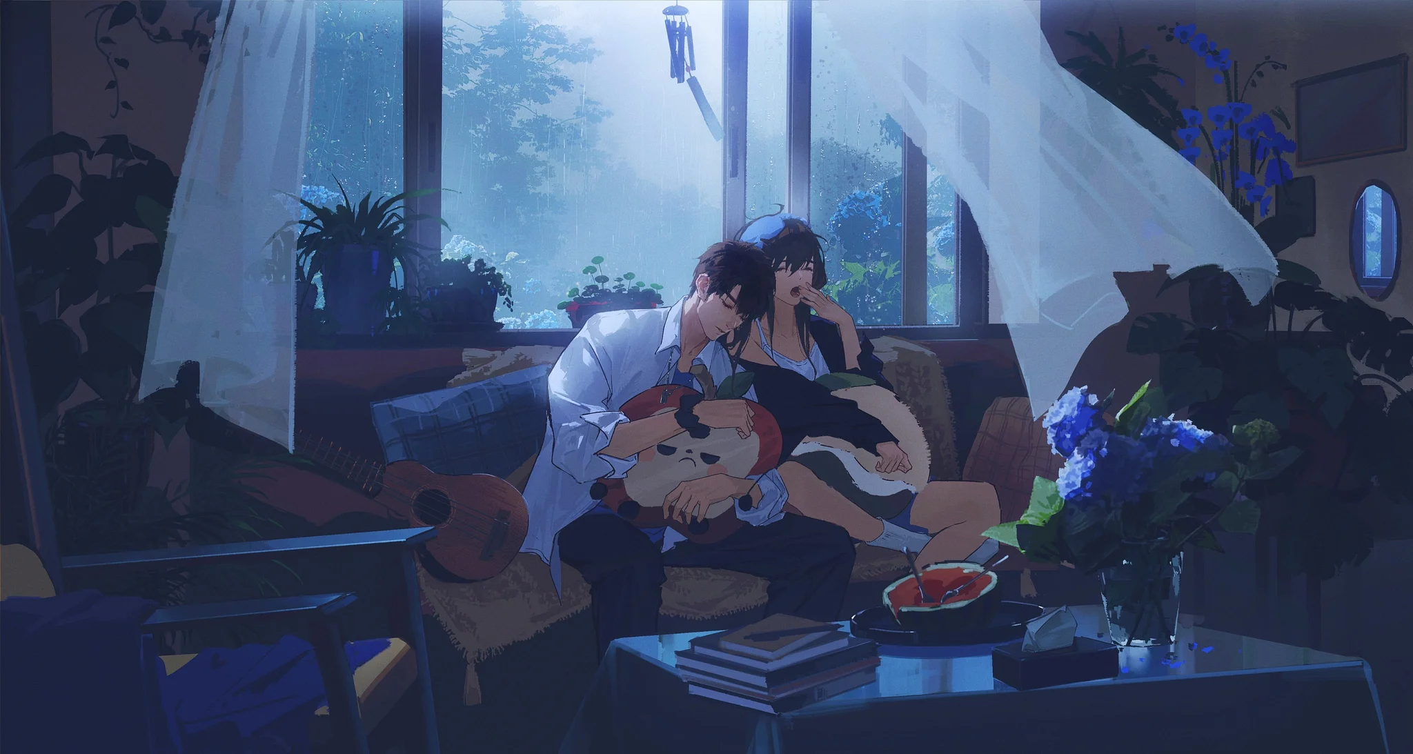 雨天沙发小憩，青雨闲情 4K 插画壁纸