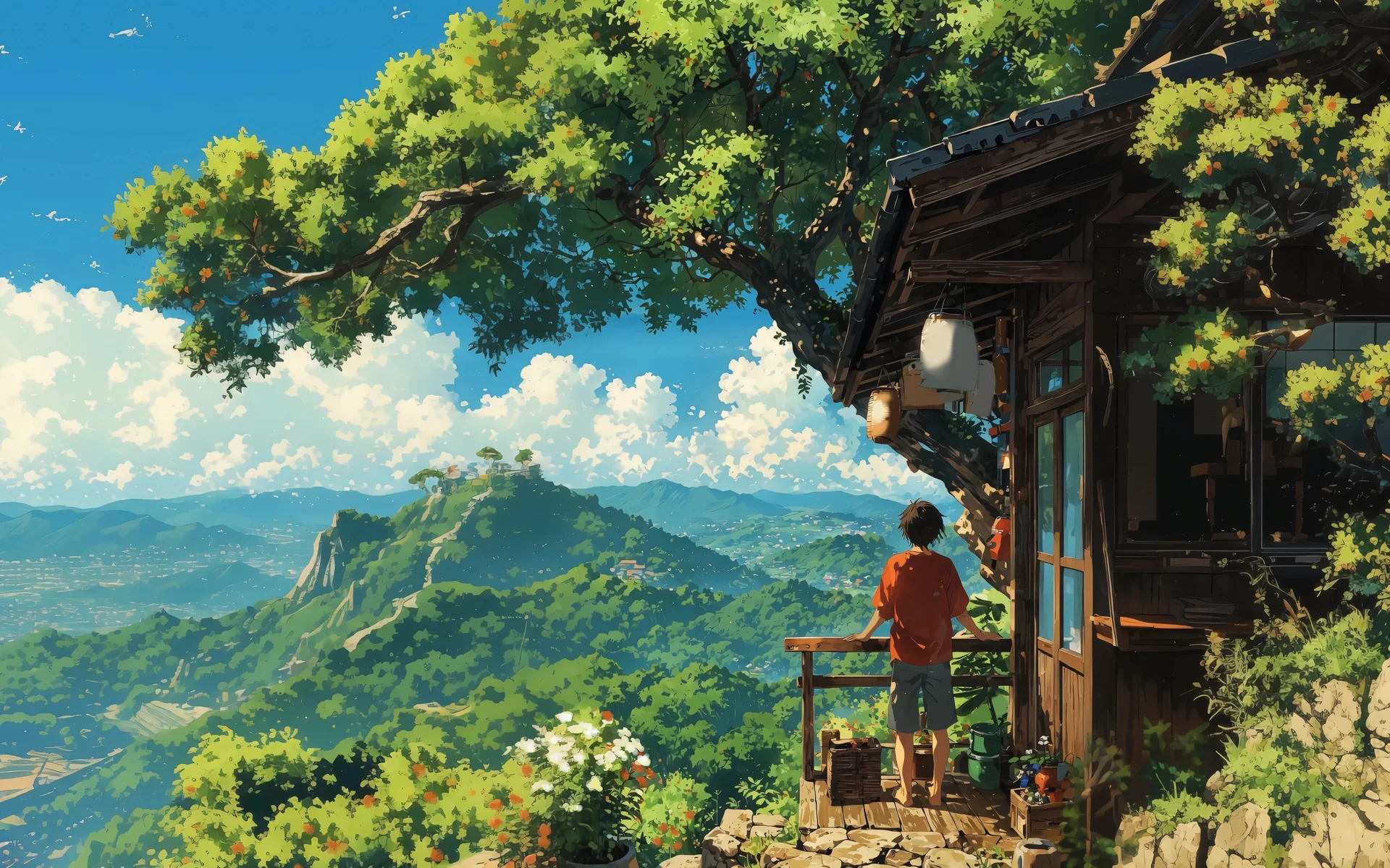 山间木屋远眺，青峦晴日 4K 插画壁纸