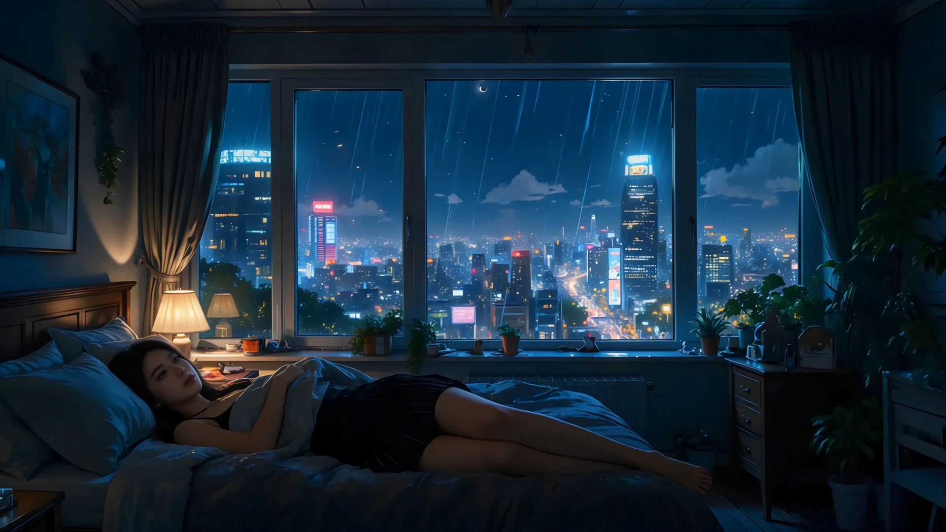 雨夜都市卧室，青雨孤眠 4K 插画壁纸