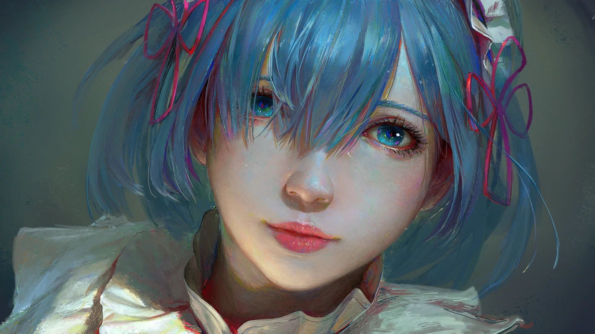 蕾姆蓝发柔光 4K 动漫壁纸 清新雅致感油画质感场景桌面背景