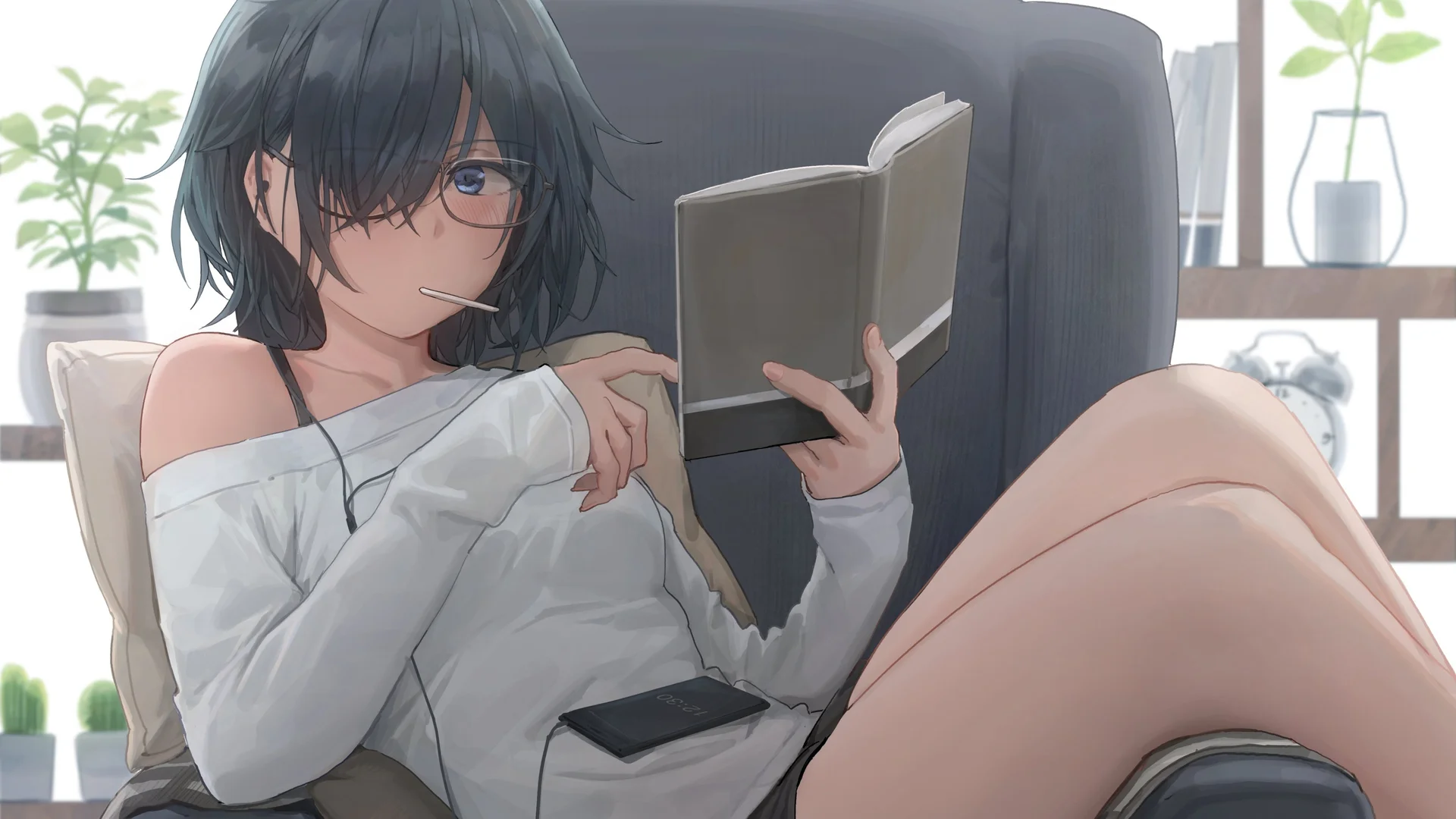 居家读书黑短发少女 4K 动漫壁纸 清新治愈感松弛日常场景桌面背景