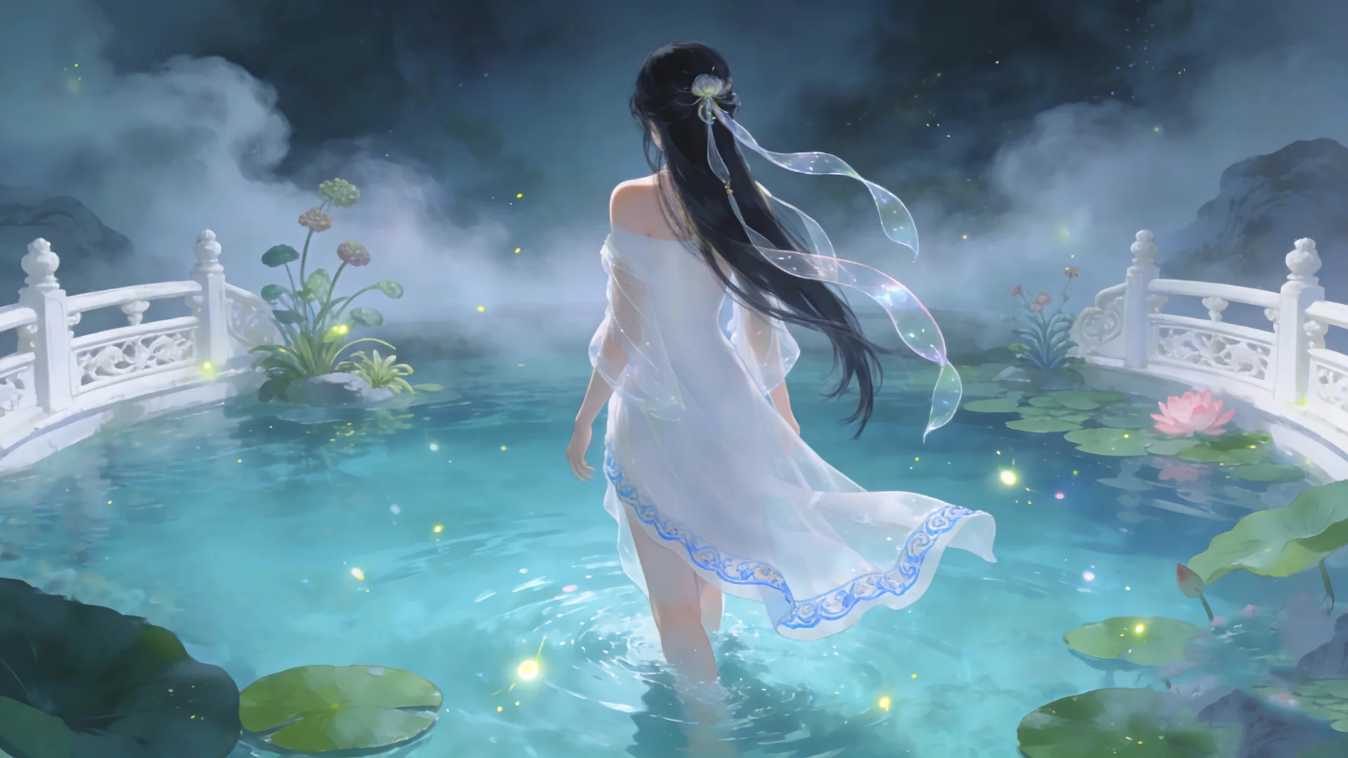 国风仙雾荷塘少女 4K 动漫壁纸 清新雅致感瑶池仙景场景桌面背景