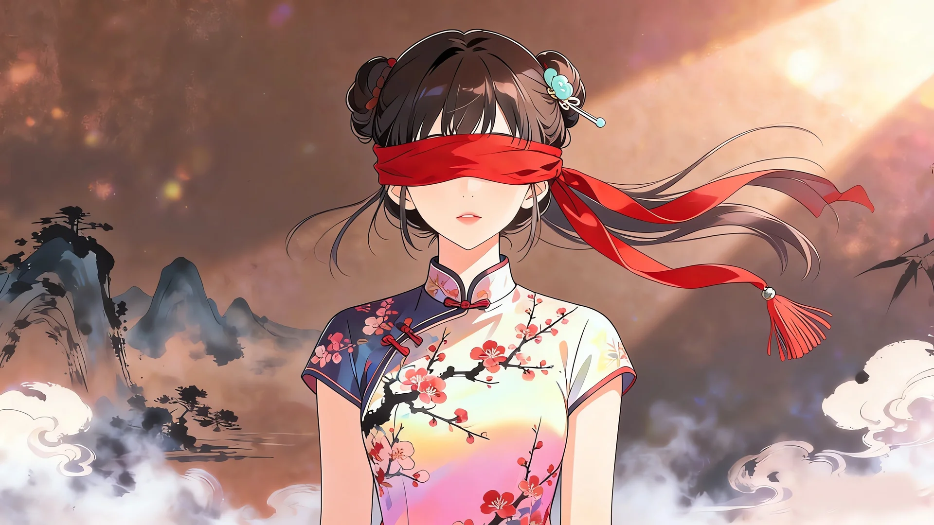 红绫蒙眼旗袍少女 4K 动漫壁纸 雅致神秘感国风仙景场景桌面背景