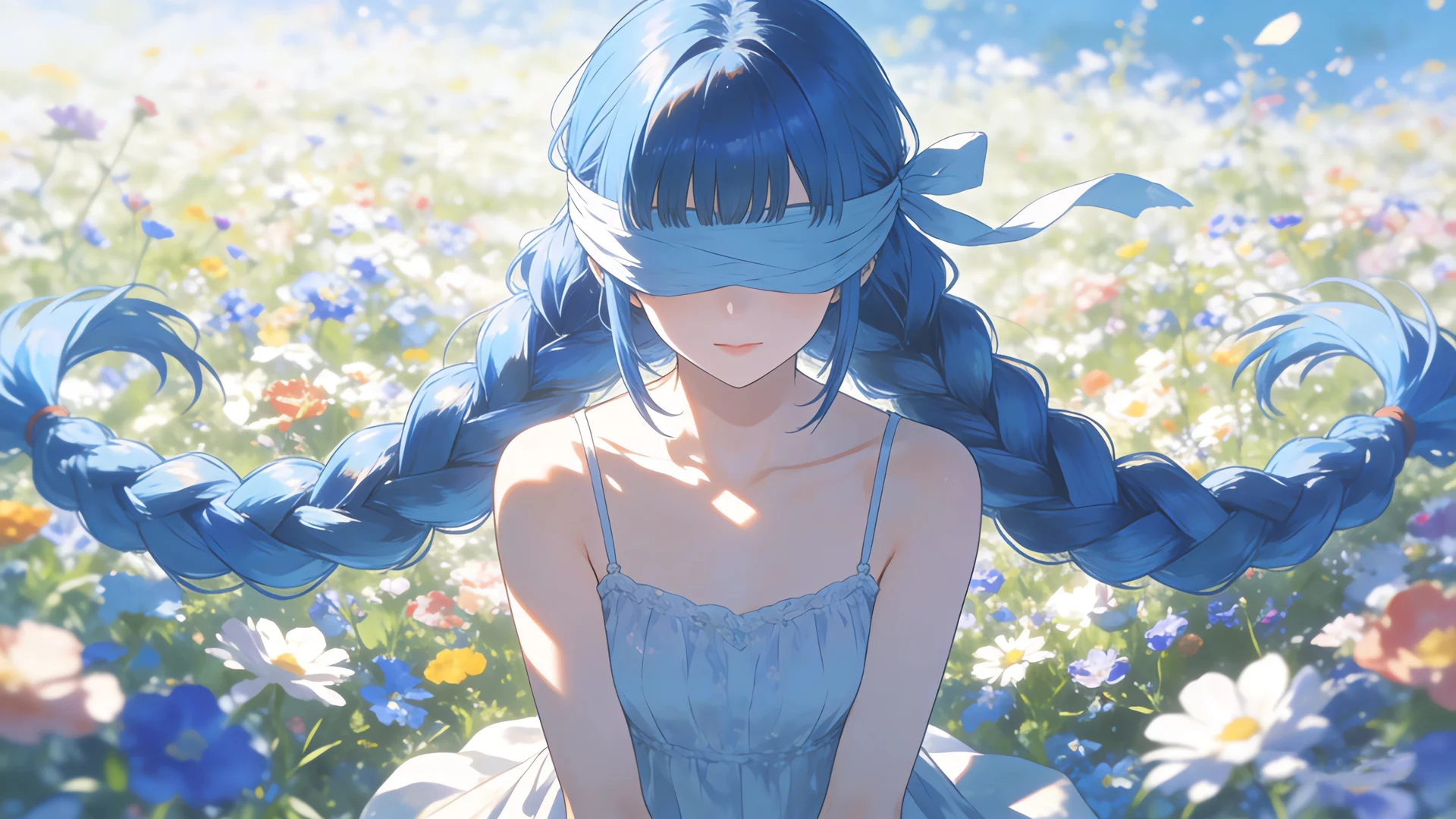 蓝发蒙眼花田少女 4K 动漫壁纸 清新治愈感花海秘境场景桌面背景