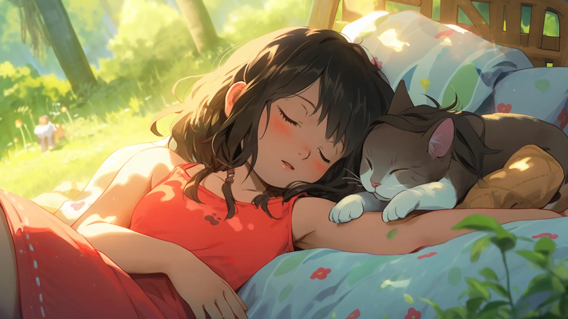 红裙酣睡少女与猫 4K 动漫壁纸 治愈松弛感林间小憩场景桌面背景