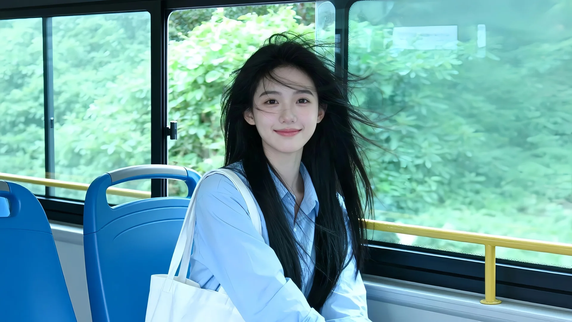 青风公交少女 4K 人像壁纸 清新松弛感林间通勤场景桌面背景