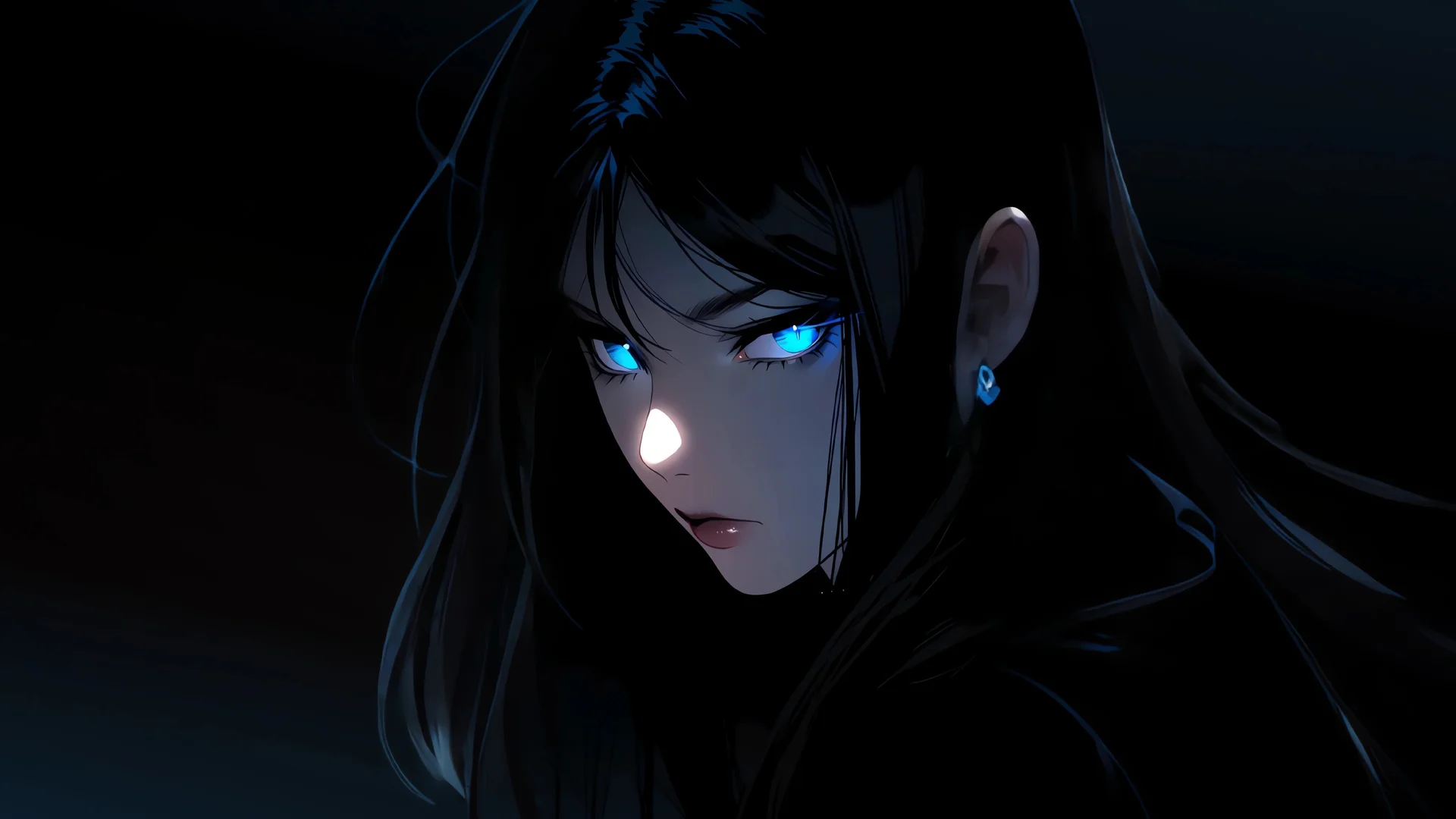 暗夜蓝瞳少女 4K 动漫壁纸 神秘冷艳感暗黑少女场景桌面背景