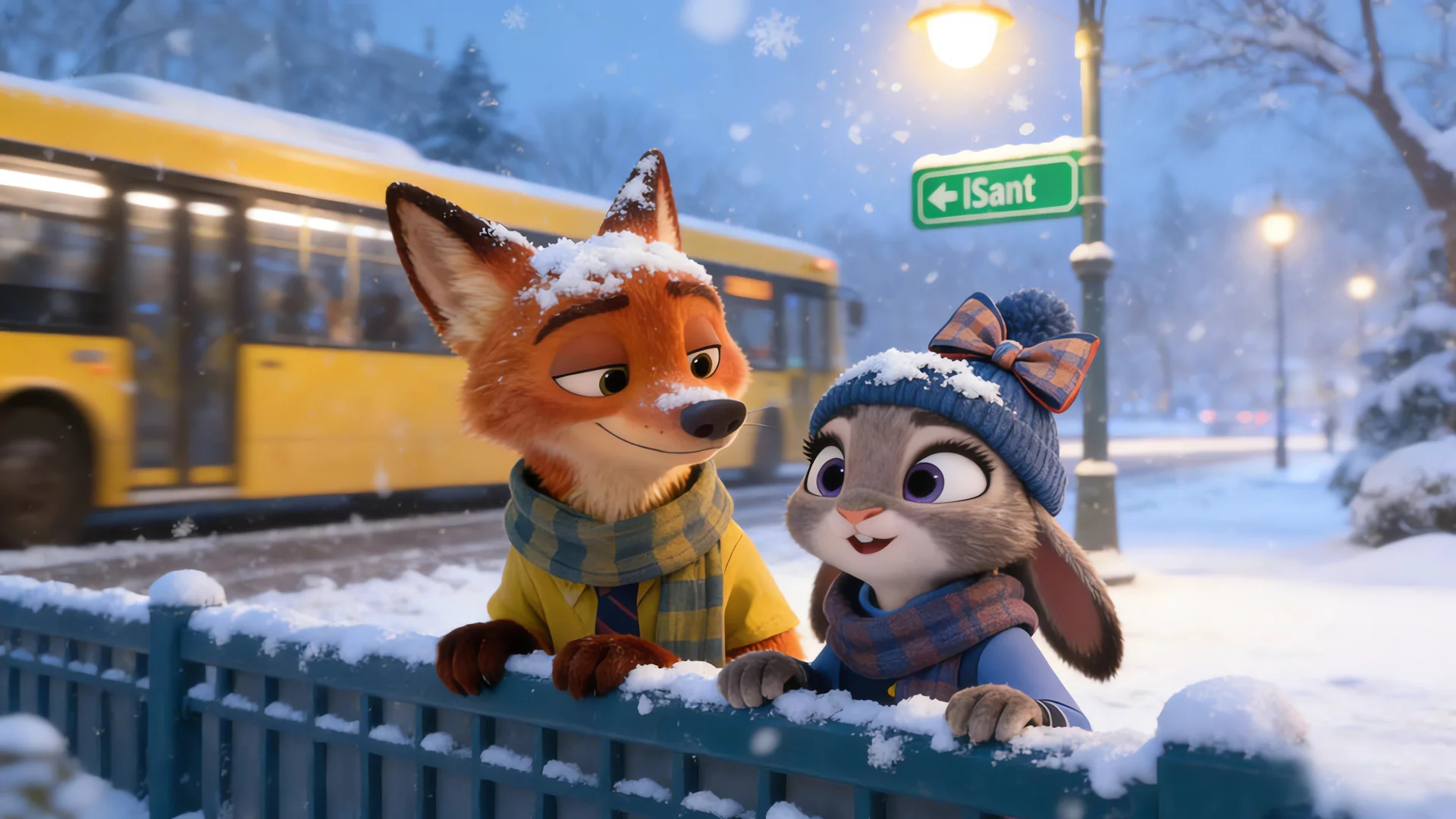 疯狂动物城冬雪街头 4K 影视壁纸 治愈温暖感都市雪景场景桌面背景