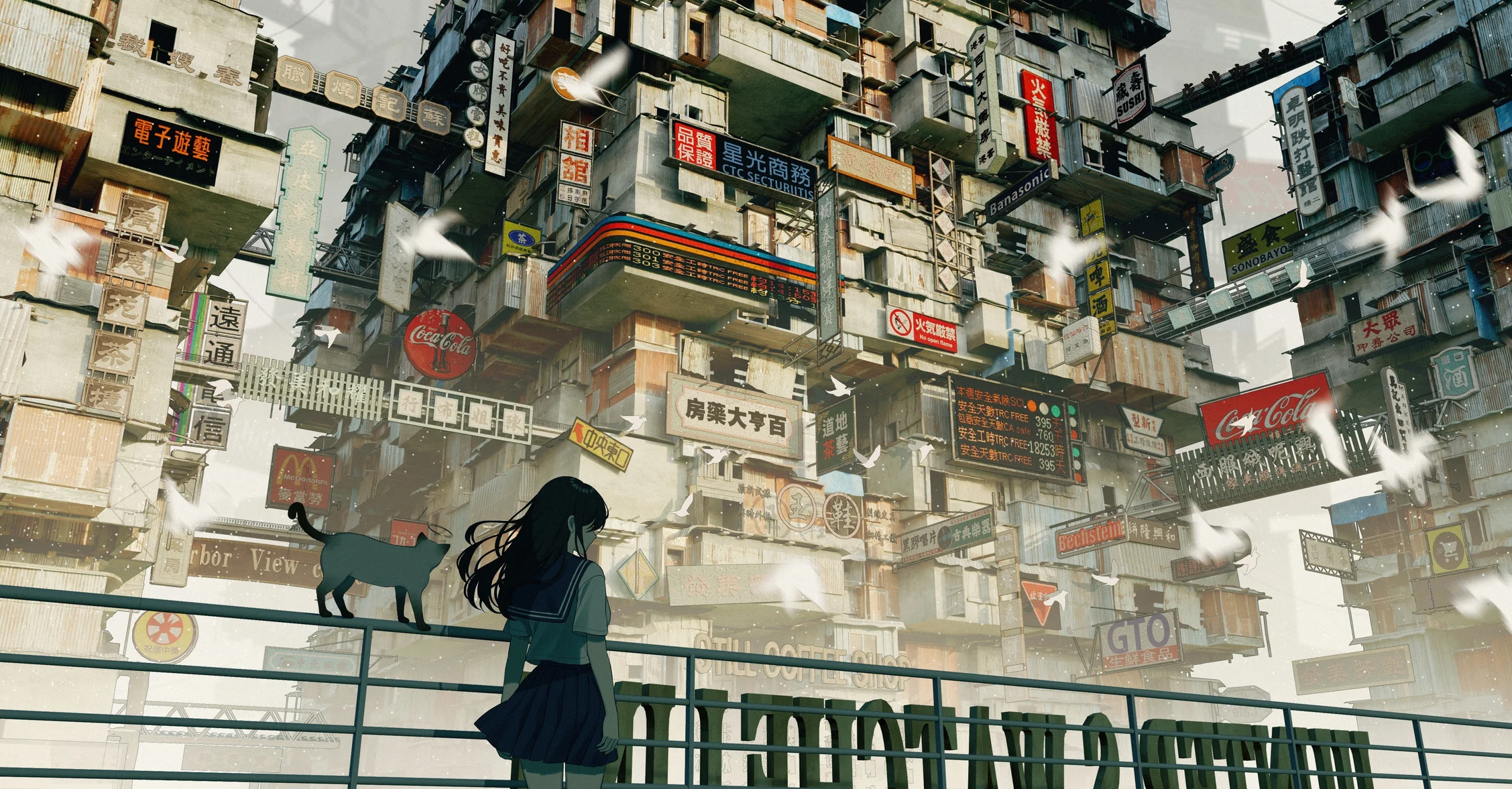 赛博香港密集楼宇 4K 动漫壁纸 潮酷复古感赛博都市场景桌面背景