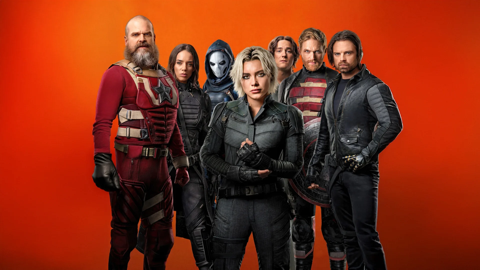 漫威雷霆特攻队橙红群像 4K 影视壁纸 硬核团队感漫威反英雄场景桌面背景