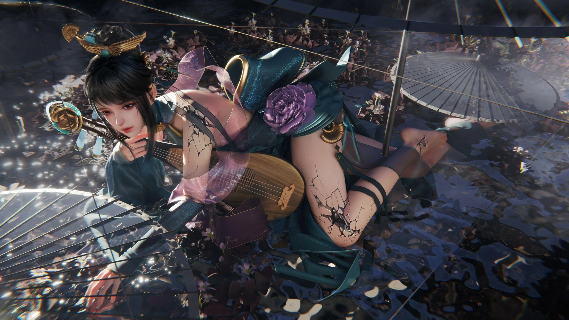 古风破碎琵琶女 4K 插画壁纸 雅致神秘感水畔仙音场景桌面背景