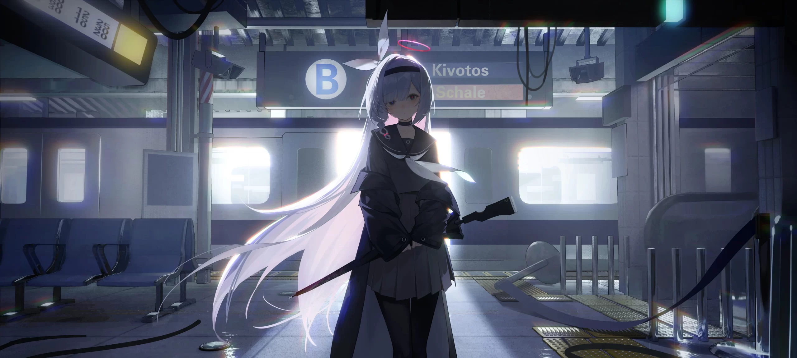 蔚蓝档案车站少女 4K 动漫壁纸 潮酷未来感赛博通勤场景桌面背景