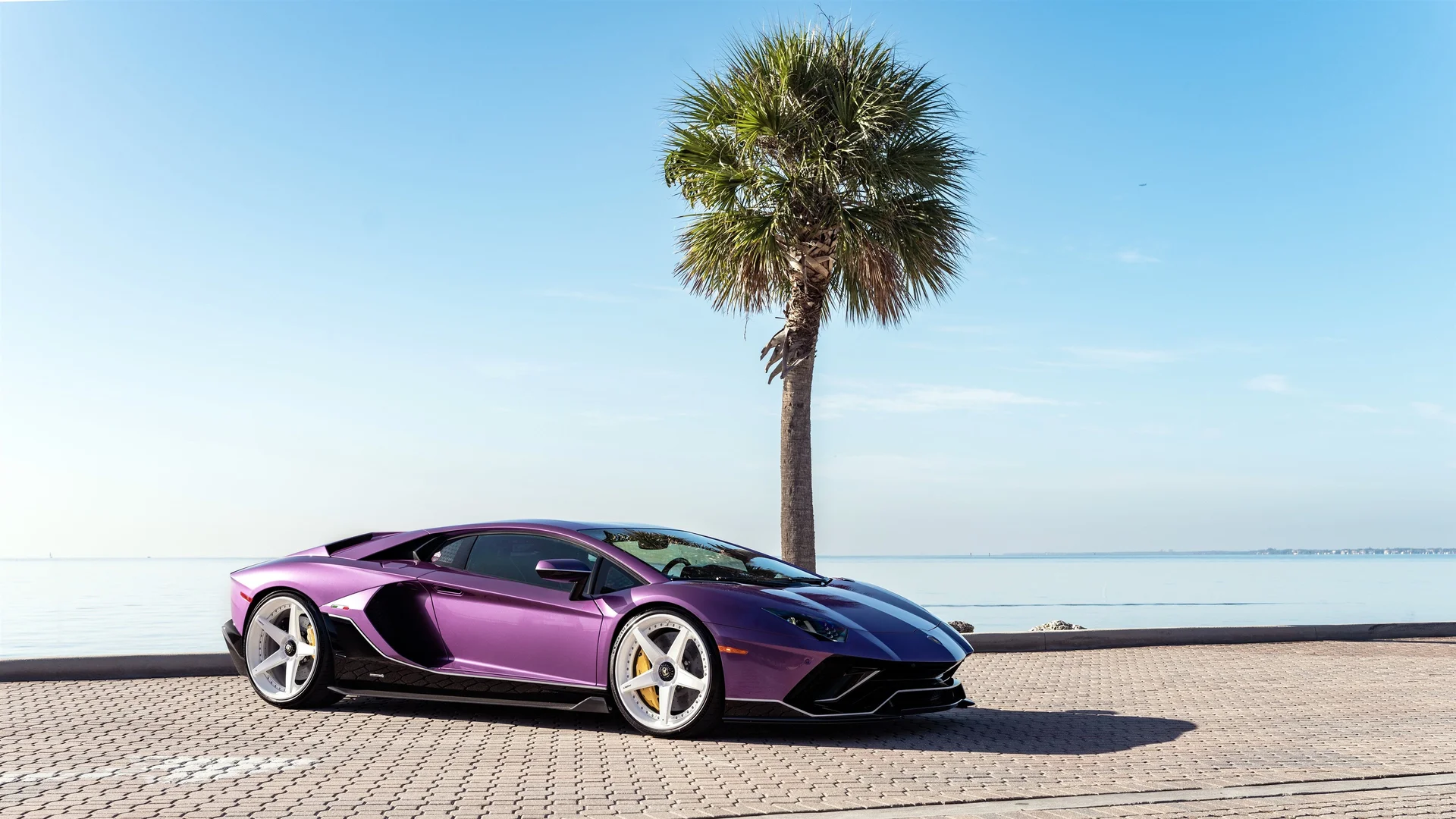 兰博基尼 Aventador 紫霞海岸 4K 豪车壁纸 潮酷奢华感意式超跑场景桌面背景4K壁纸_4K汽车