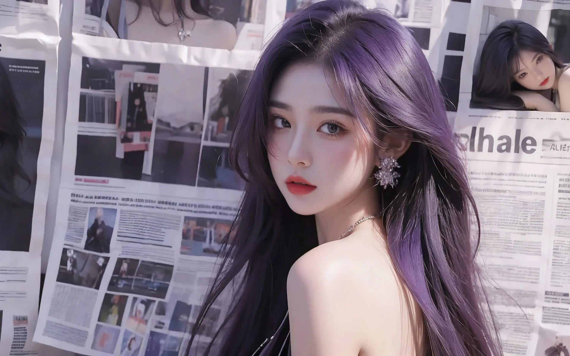 紫发报纸墙少女 4K 人像壁纸 潮酷时尚感街头写真场景桌面背景
