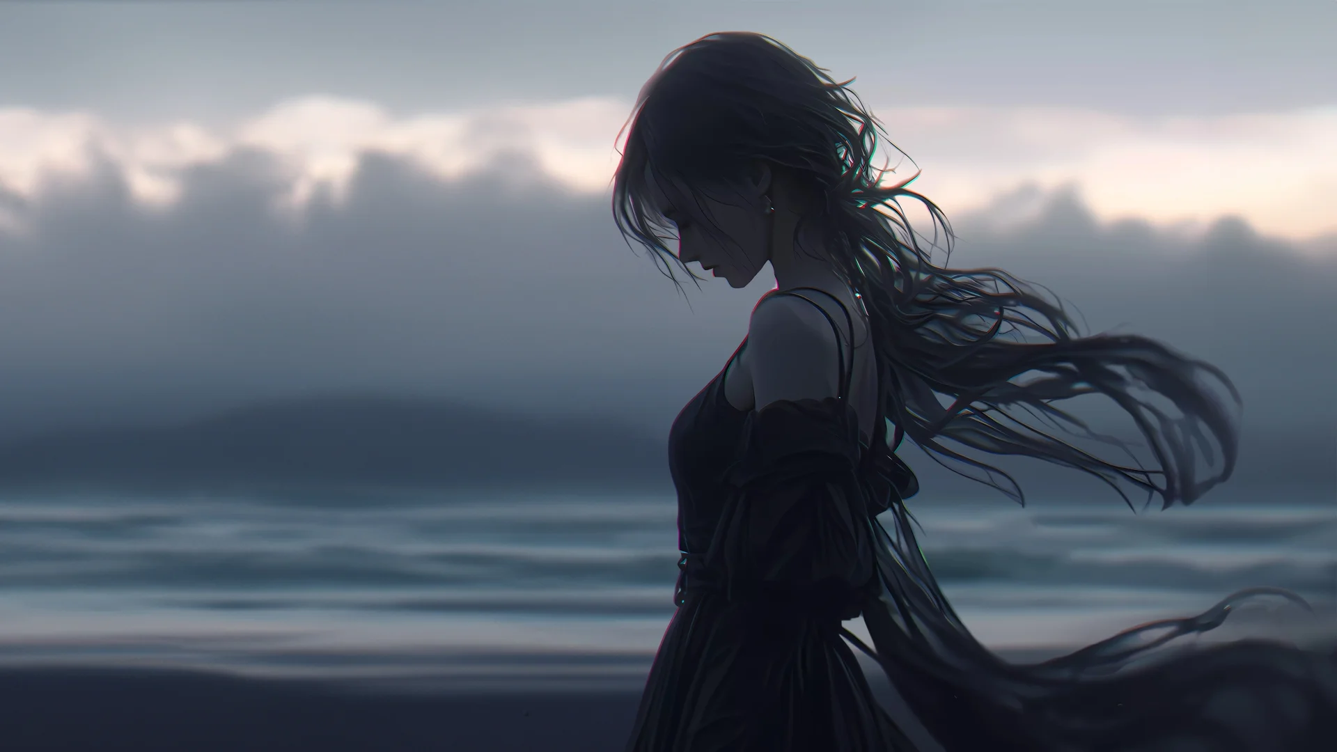 暗调海岸发丝少女 4K 插画壁纸 孤寂忧郁感海边氛围感场景桌面背景