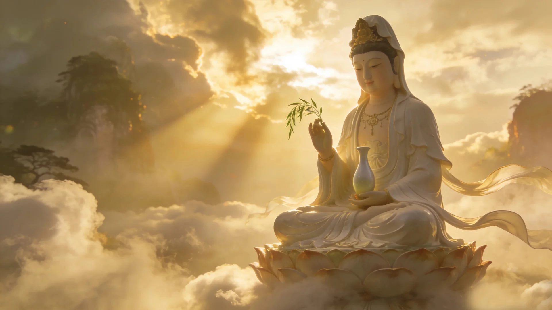 云海佛光观音像 4K 禅意壁纸 国风祈福鎏金圣光观音造像场景桌面背景