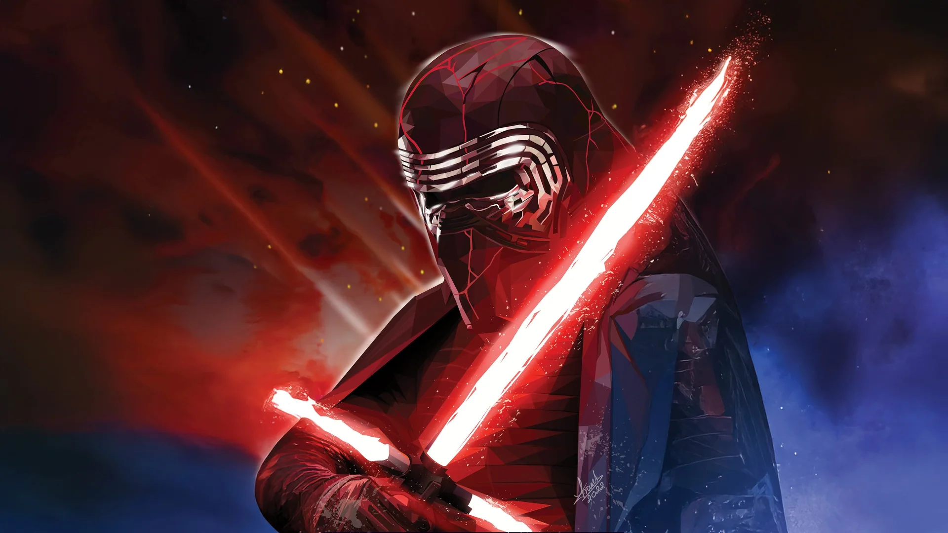 星球大战凯洛伦低多边形 4K 科幻插画壁纸 暗黑光剑星战角色场景桌面背景