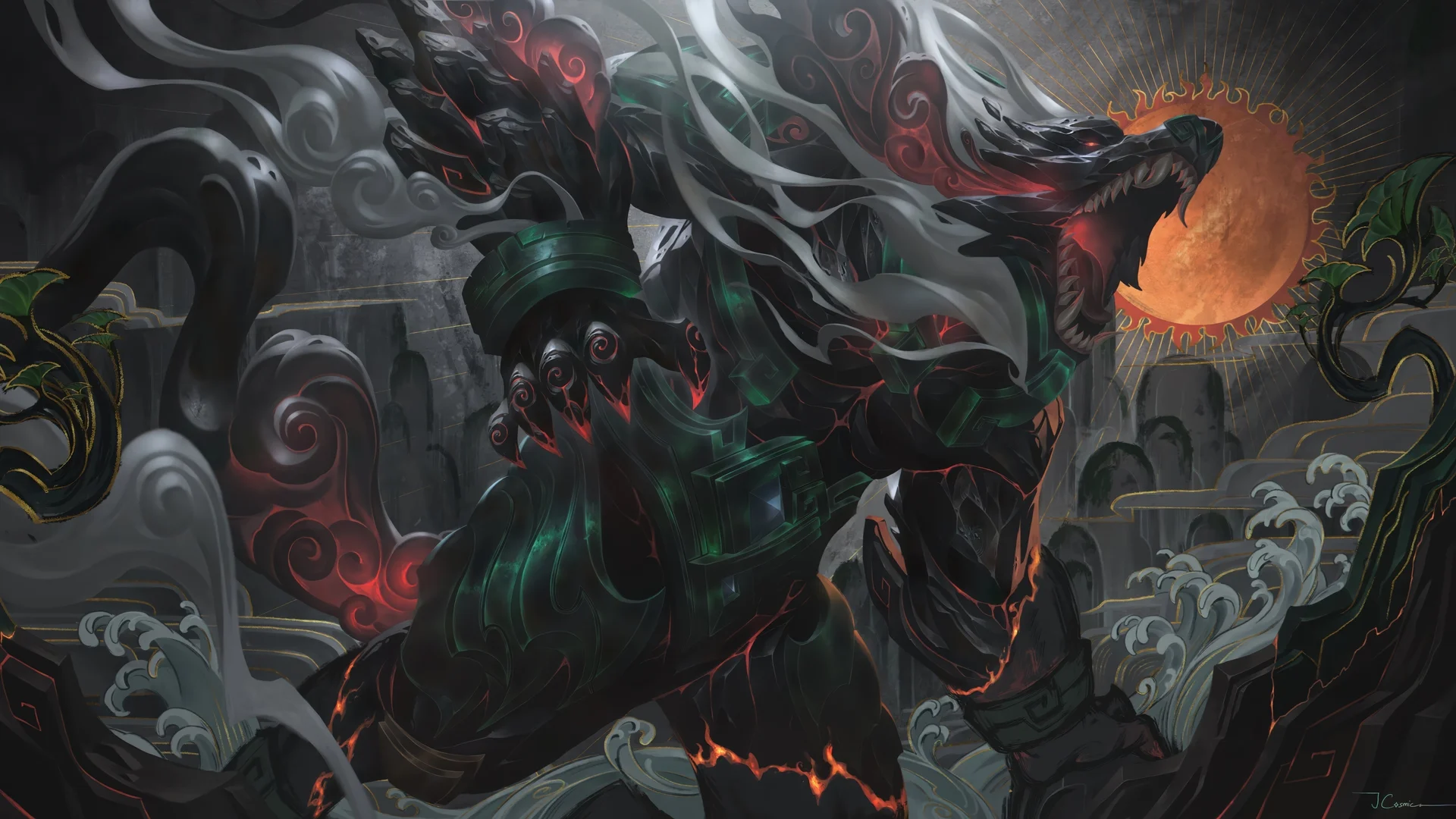 国风暗黑凶兽山海异兽 4K 插画壁纸 玄黑赤焰神兽山海绘卷场景桌面背景