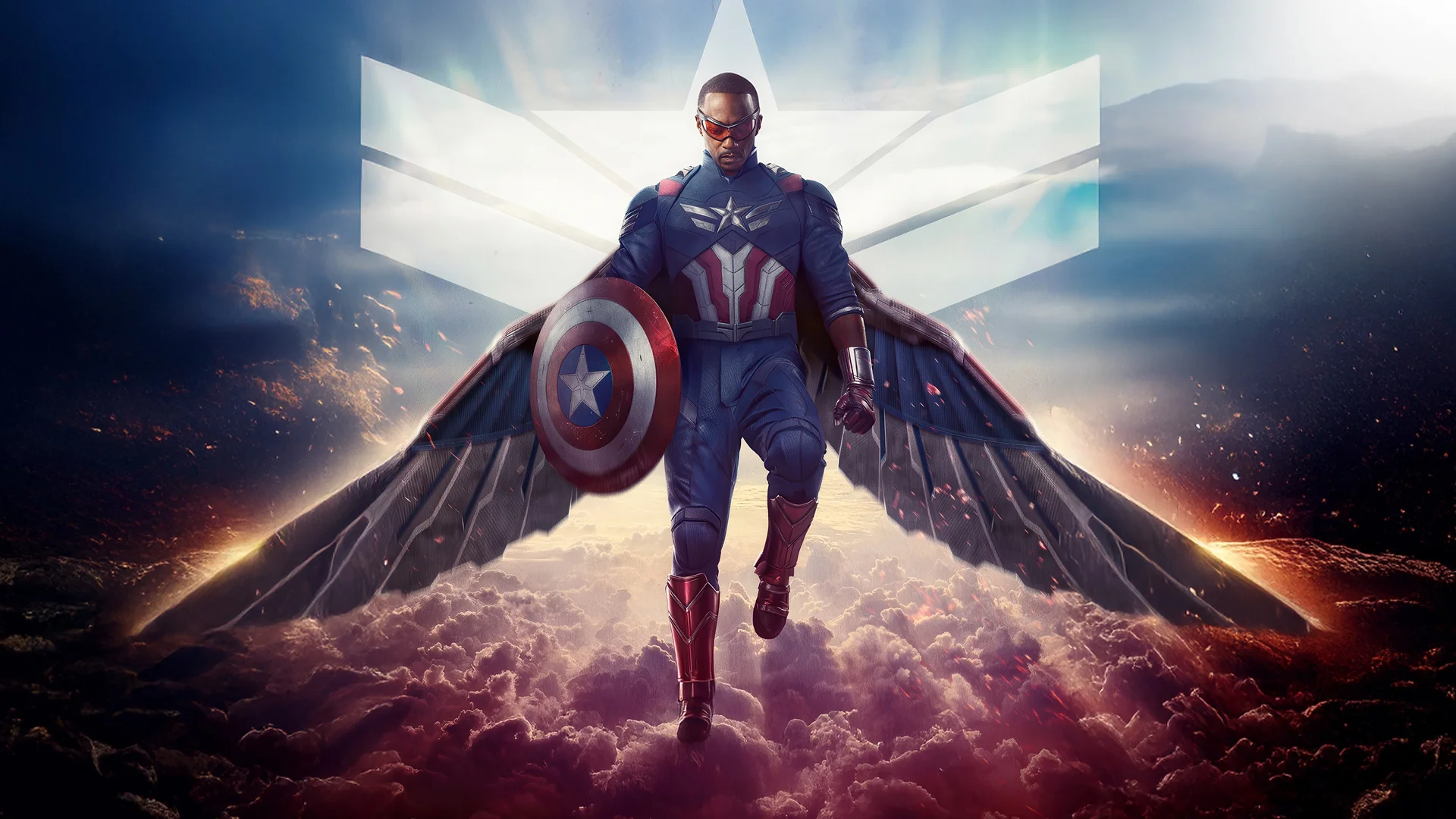 猎鹰美国队长云海展翅 4K 壁纸 漫威英雄史诗科幻场景桌面背景