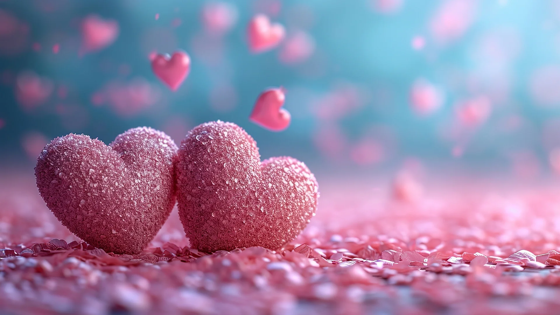 粉晶糖霜爱心情人节浪漫 4K 壁纸 梦幻甜系爱心静物桌面背景