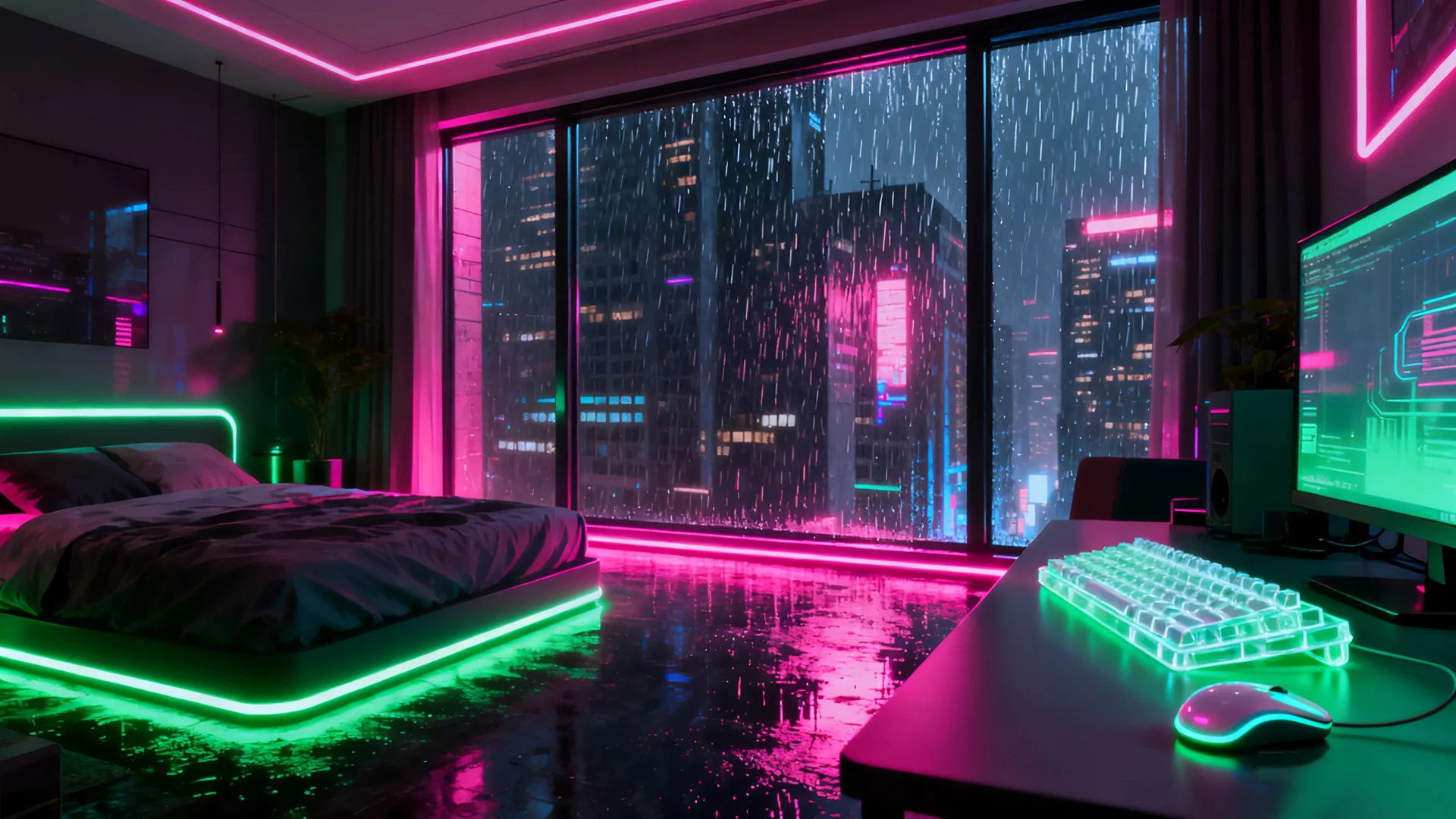 赛博朋克雨夜电竞卧室 4K 壁纸 霓虹雨夜城市电竞房场景桌面背景4K壁纸_4K背景