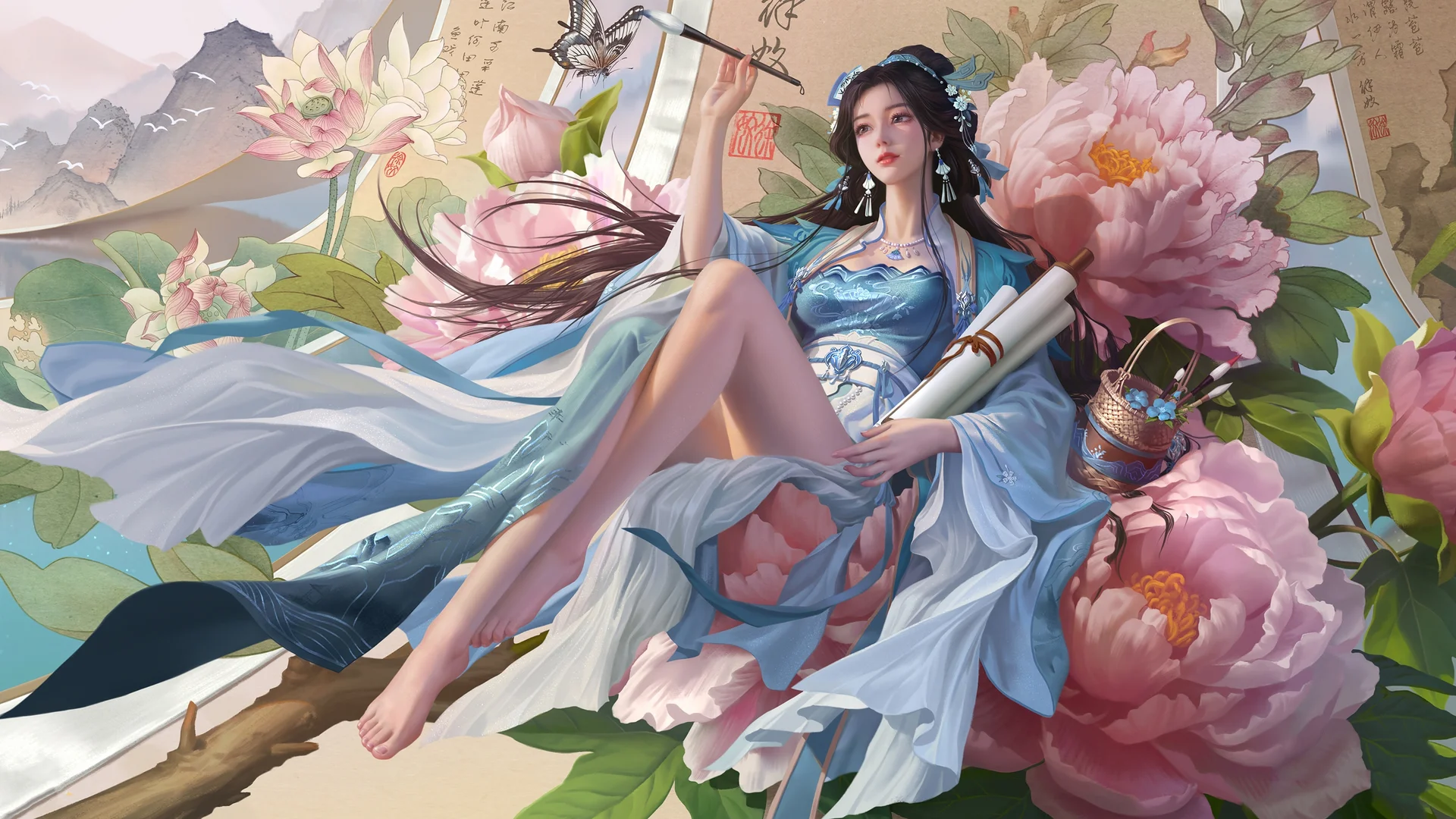 古风仙侠牡丹美人 4K 壁纸 国风花鸟仕女插画桌面背景4K壁纸_4K人物