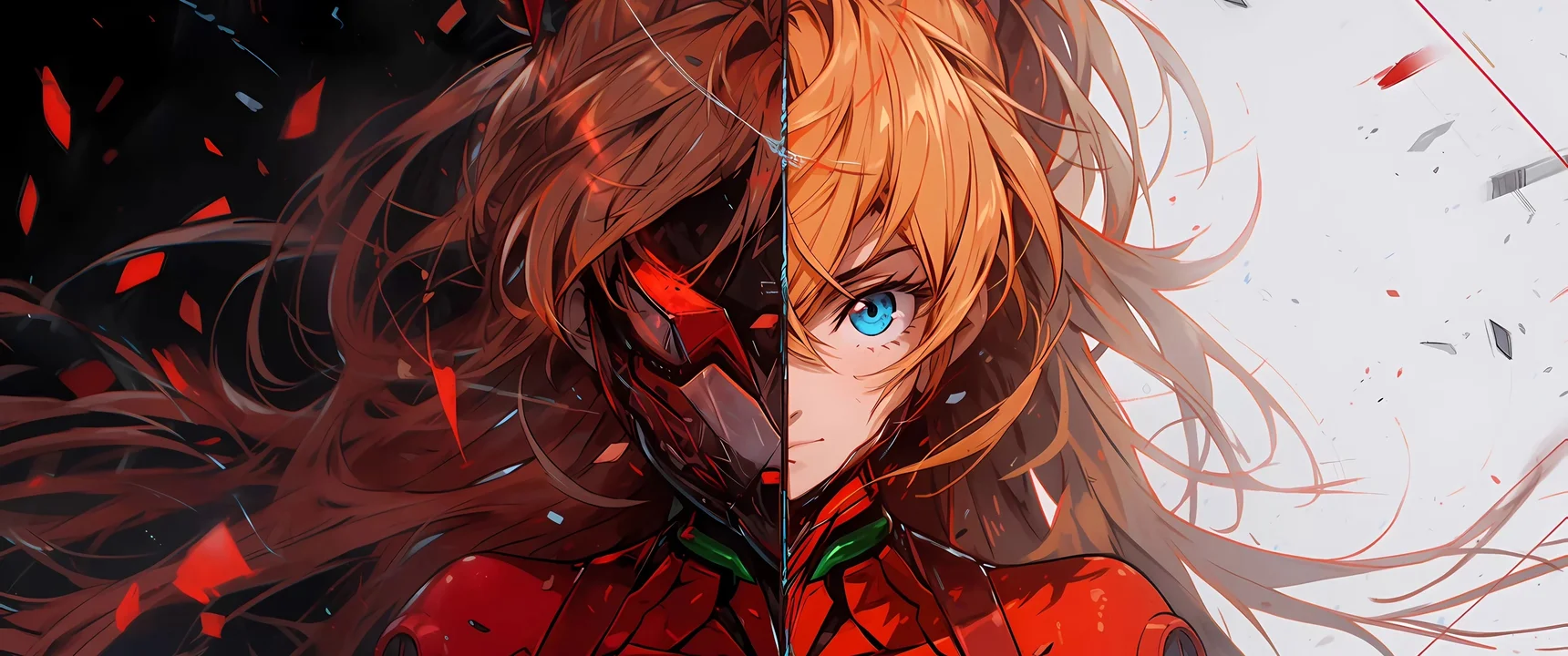 新世纪福音战士明日香机甲半脸 4K 壁纸 红黑对比 EVA 角色插画桌面背景4K壁纸_4K动漫