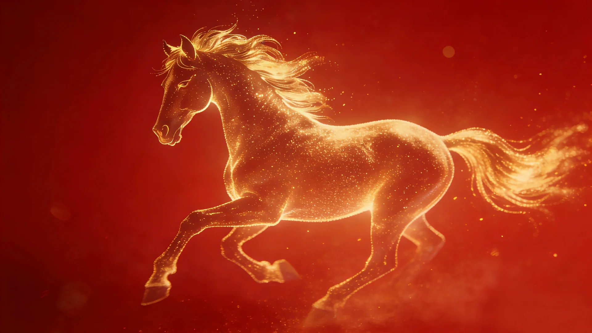 4K 金色粒子奔马红底新年壁纸 马年开运粒子特效艺术桌面背景