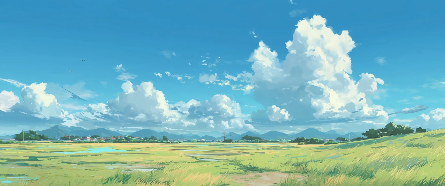 日式动漫风乡村田野 4K 插画壁纸 治愈系蓝天白云稻田桌面背景