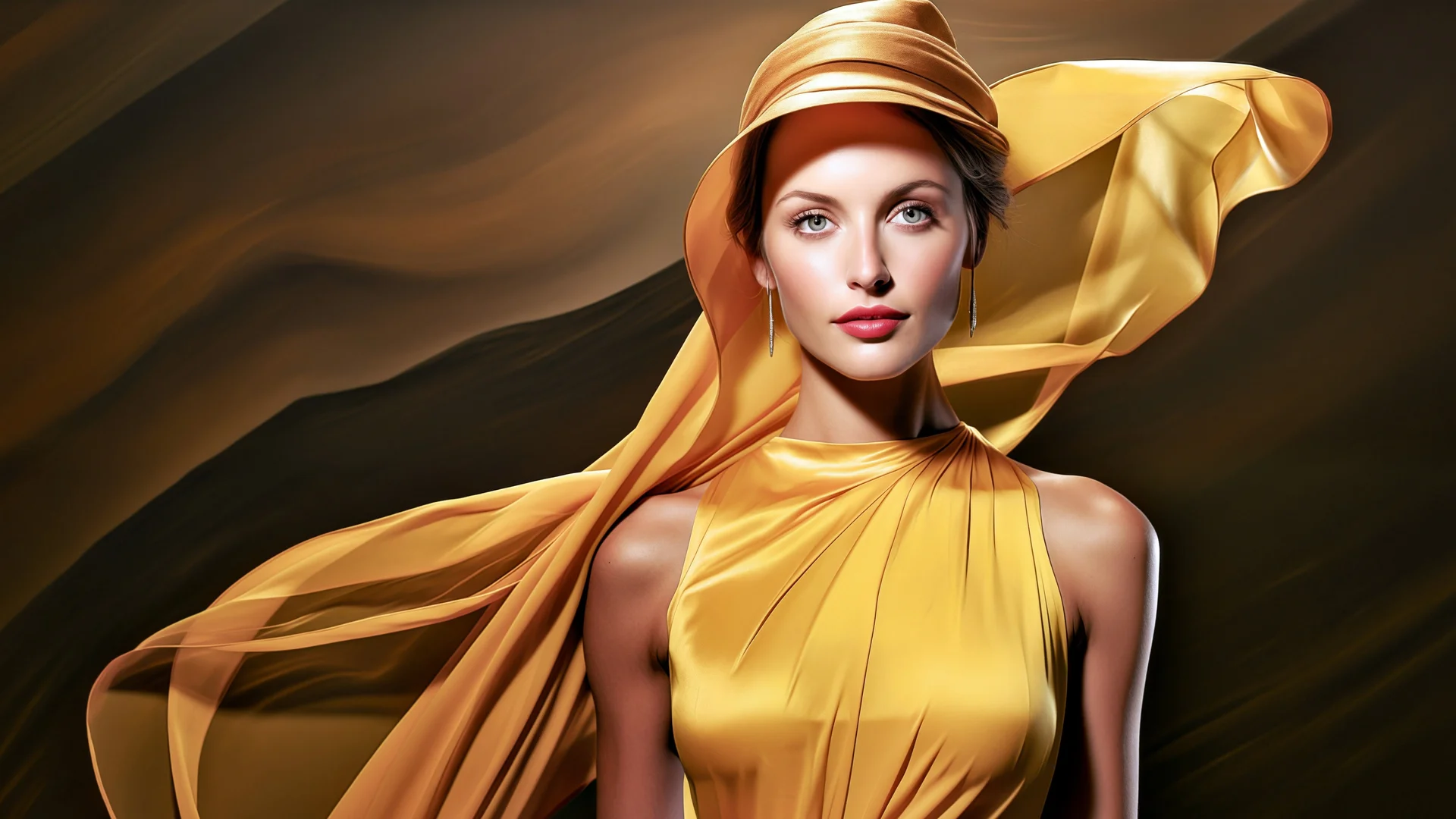 金色丝绸质感女性肖像 4K 时尚写真壁纸 复古轻奢鎏金美人桌面背景