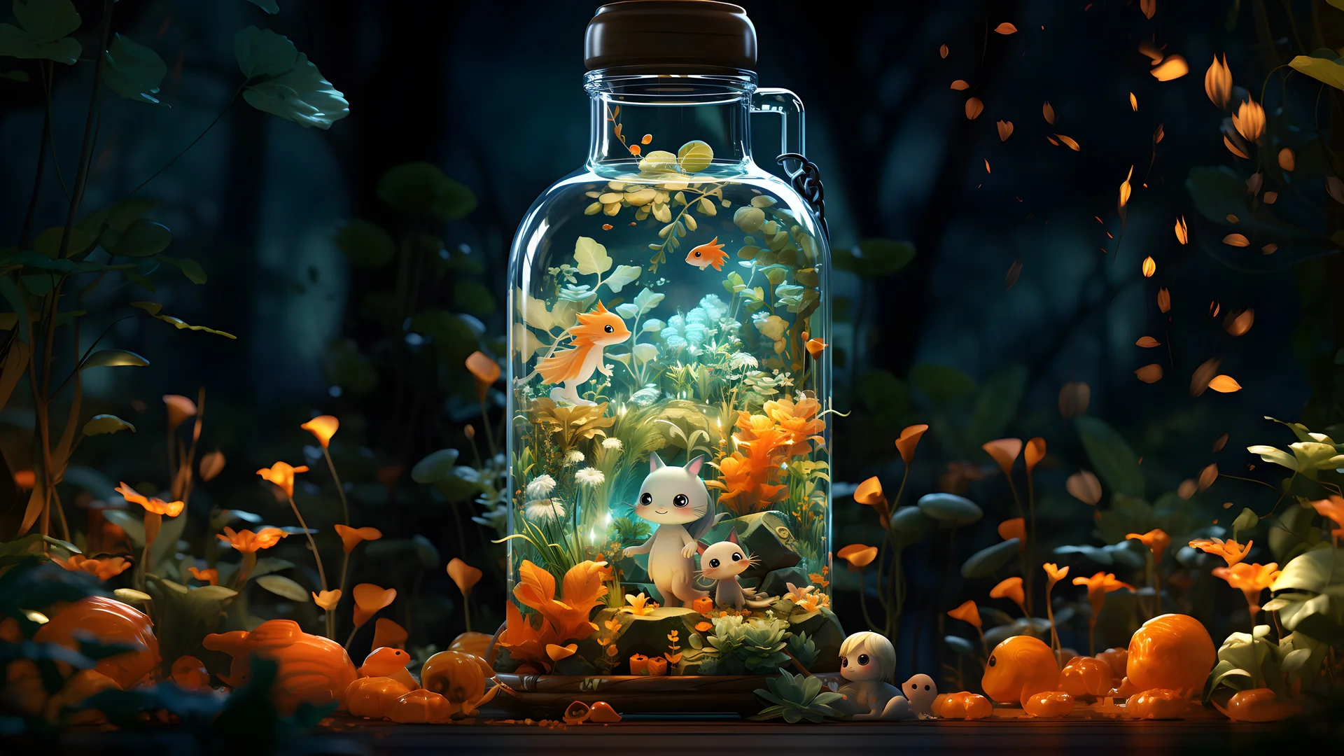 玻璃瓶奇幻小世界 4K 治愈数字艺术壁纸 森林精灵萌宠微观场景桌面背景