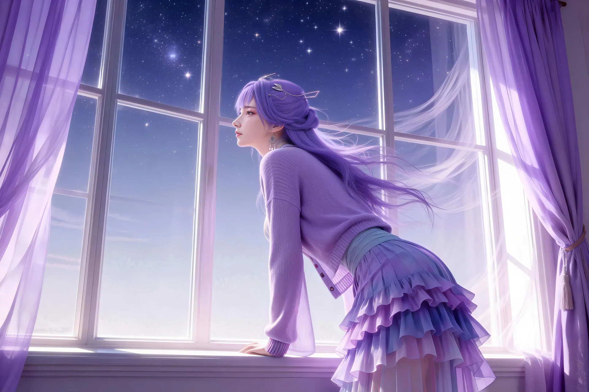 紫发少女星空窗景 4K 数字艺术壁纸 梦幻紫色系少女桌面背景
