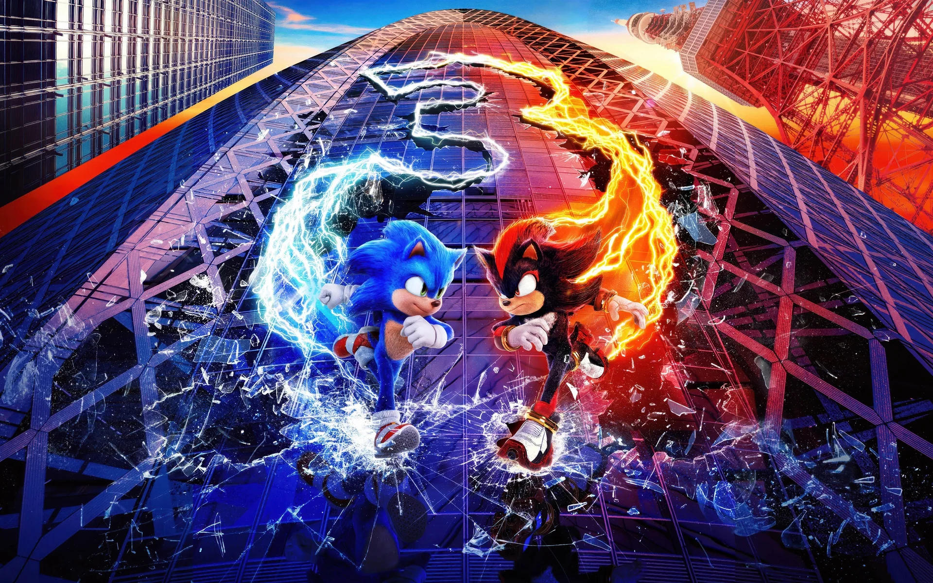 刺猬索尼克 3 红蓝对决 4K 电影海报壁纸 索尼克与夏特摩天楼对峙桌面背景