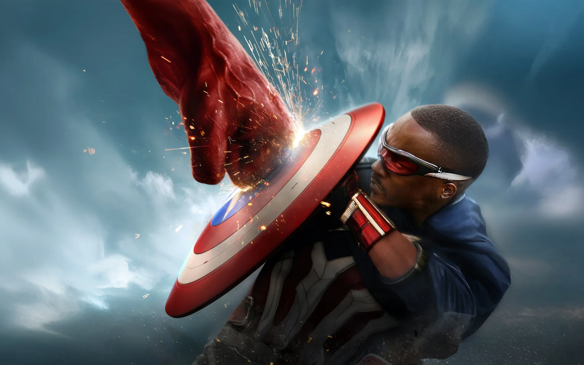 猎鹰美国队长盾牌格挡 4K 漫威影视壁纸 山姆・威尔逊激战巨手桌面背景