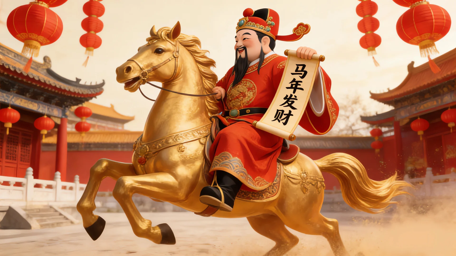 马年发财财神骑金马 4K 新年壁纸 红金喜庆国风春节桌面背景4K壁纸_4K背景