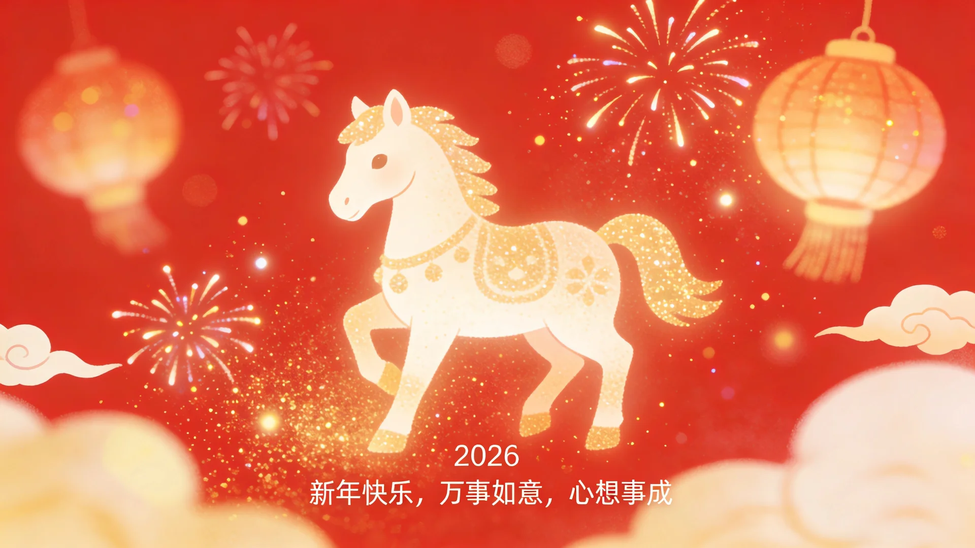 2026 马年新年快乐 4K 插画壁纸 红金烟花灯笼春节桌面背景4K壁纸_4K背景