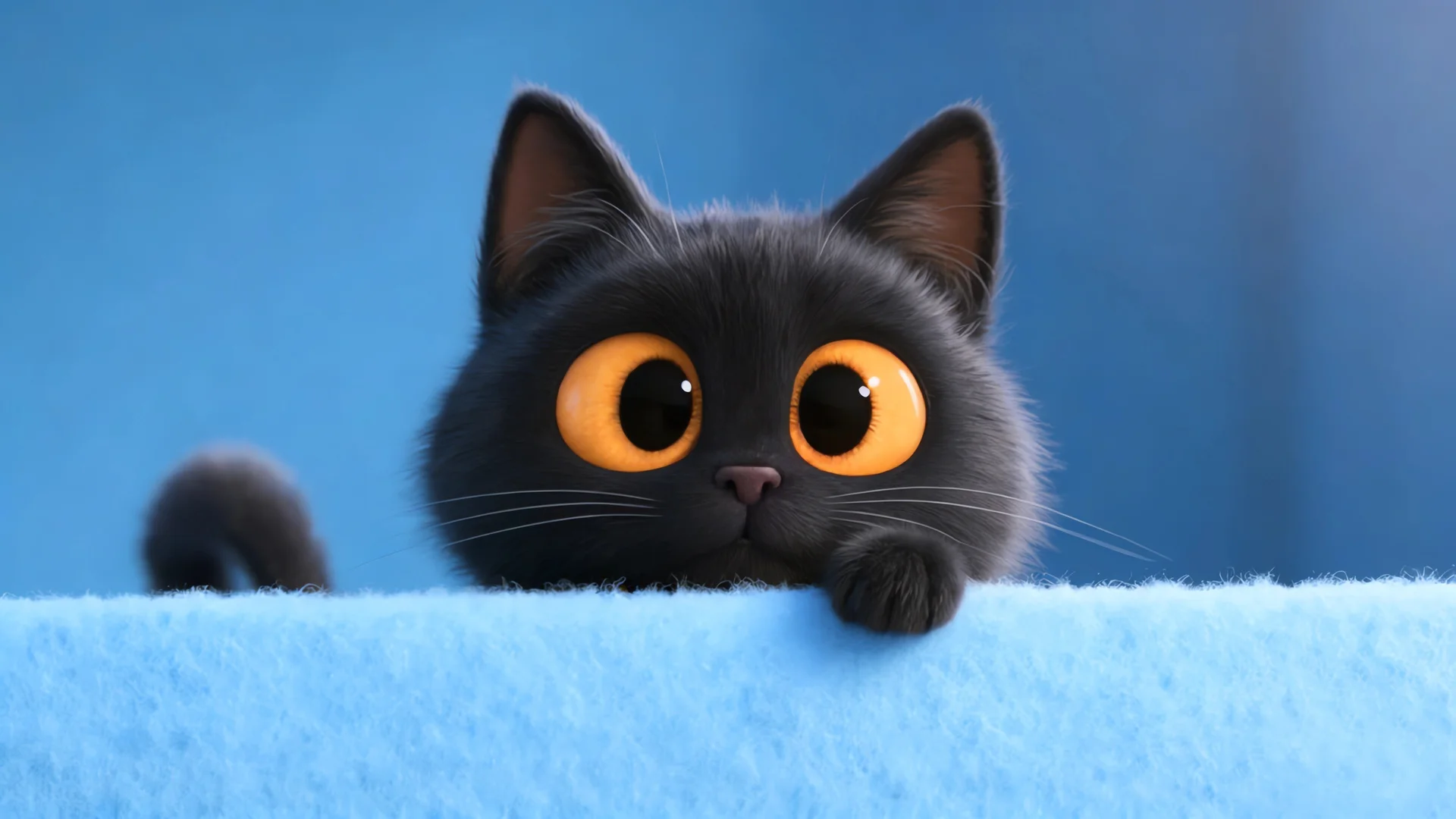 黑毛橙眼猫咪蓝调背景 4K 萌宠壁纸 治愈系黑猫咪桌面背景
