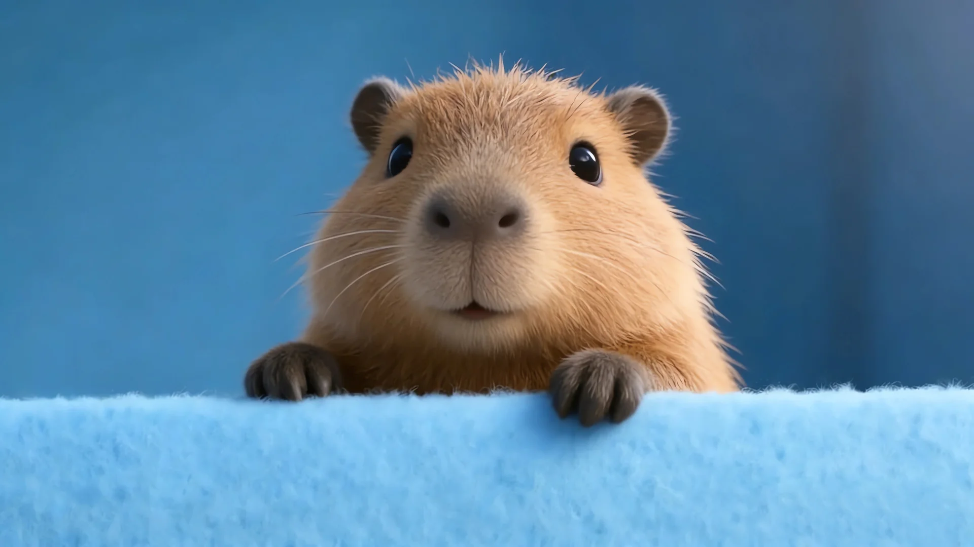 浅棕水豚蓝调背景 4K 萌宠壁纸 呆萌水豚桌面背景
