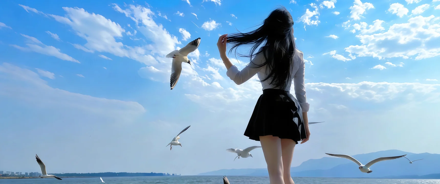 海边海鸥少女背影 4K 清新治愈壁纸 蓝白撞色海边场景桌面背景