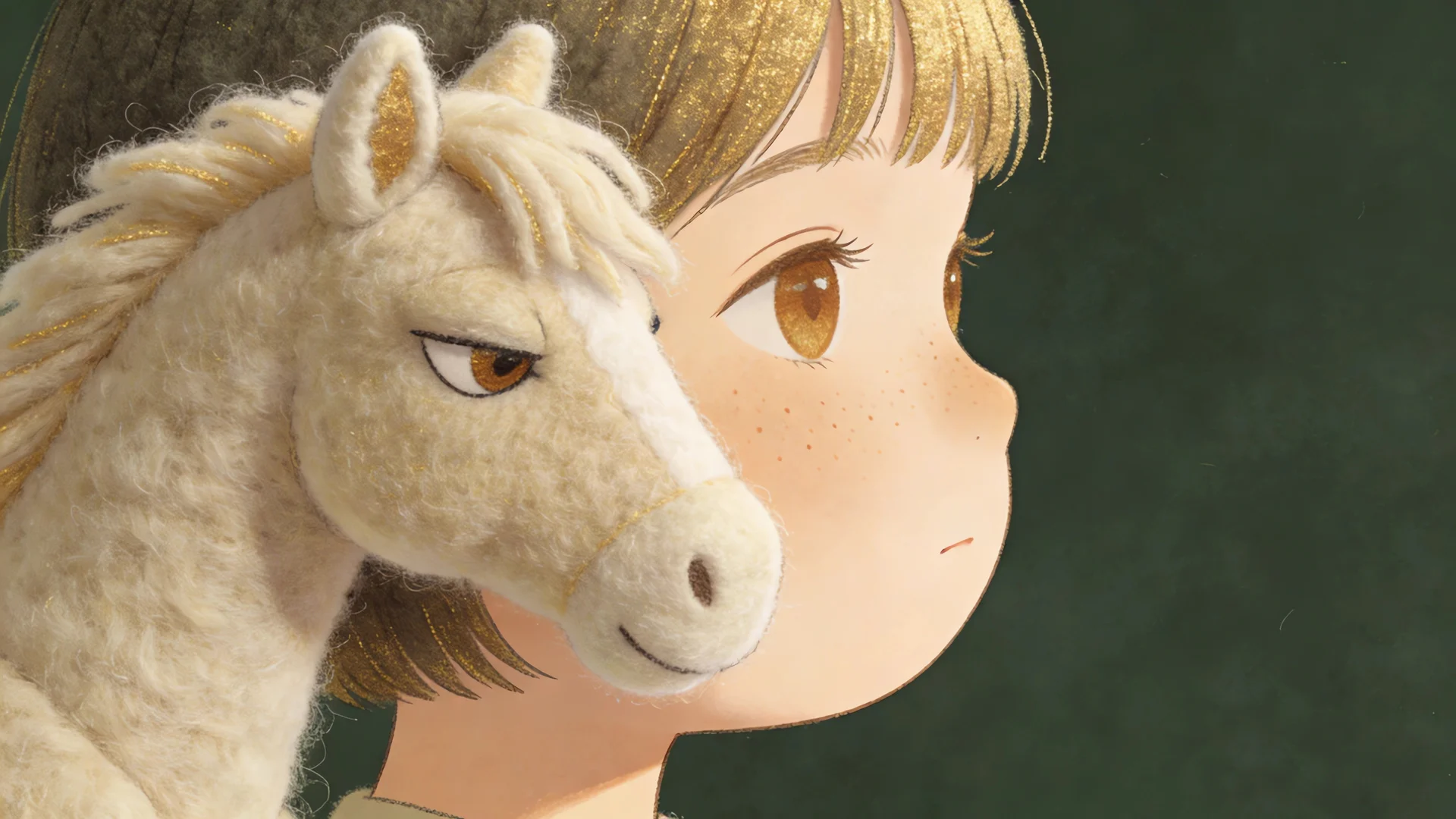 马年毛绒小马少女插画 4K 治愈壁纸 绿金撞色马年主题桌面背景