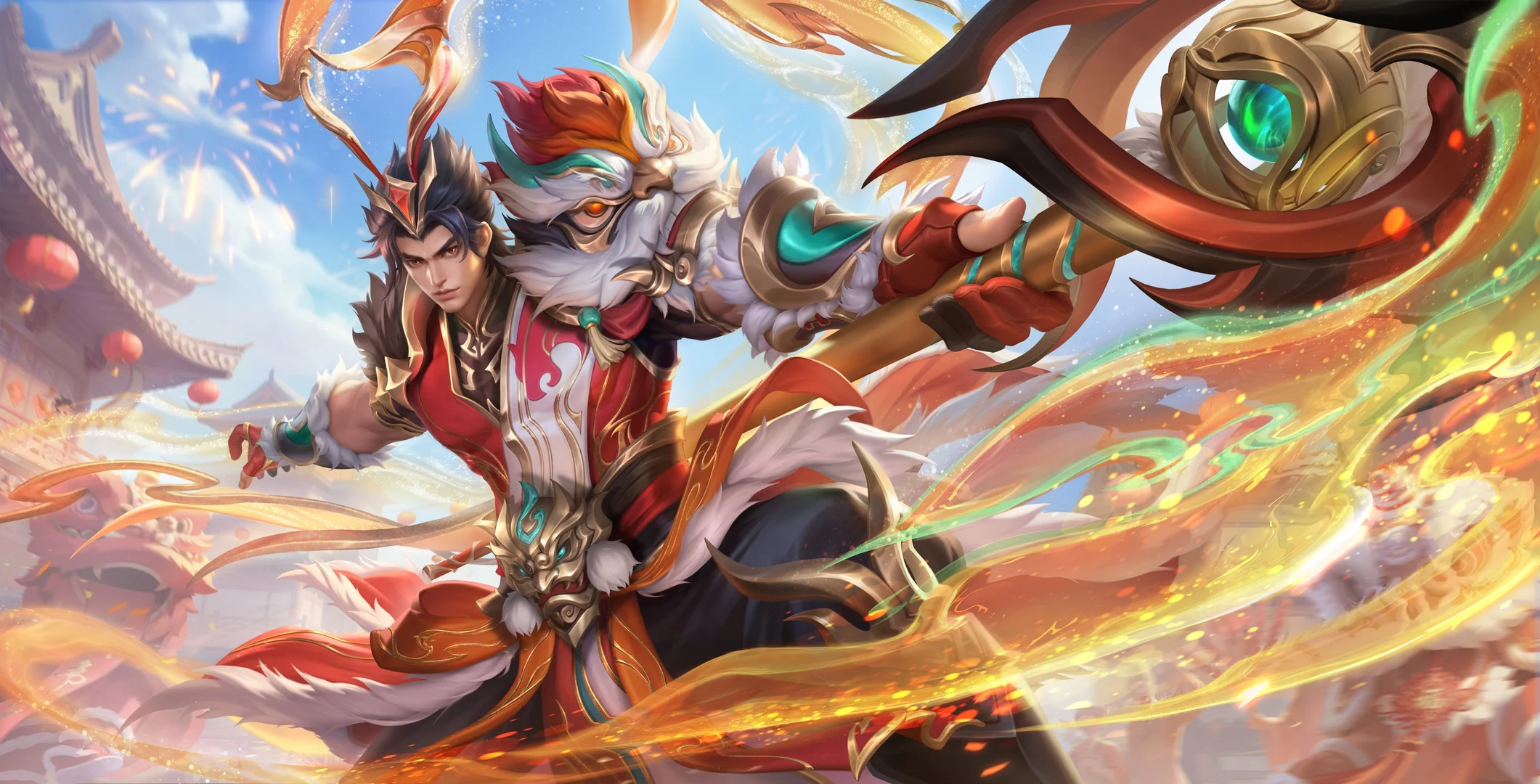 马年国风武将与瑞兽 4K 王者荣耀 吕布游戏插画壁纸、红金撞色国风桌面背景