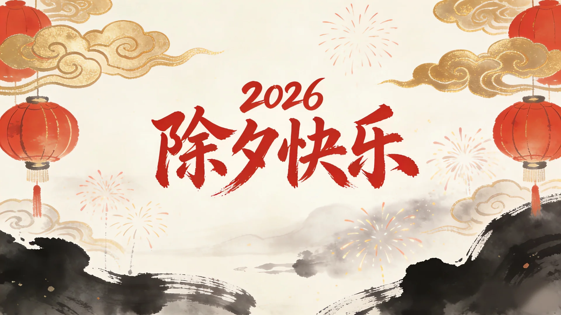 2026 除夕快乐国风插画 4K 新年壁纸、红金祥云灯笼春节桌面背景