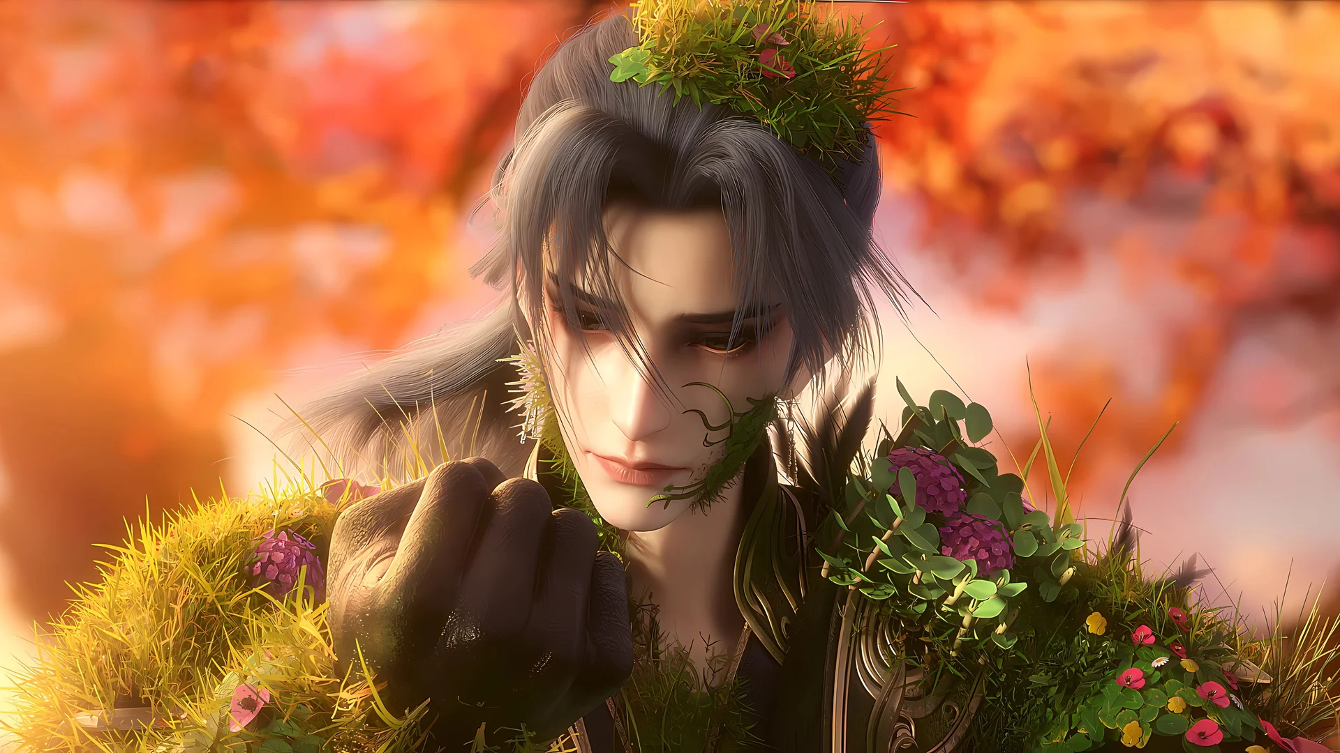 古风 CG 花草拟人角色 4K 壁纸、秋景橙红古风桌面背景