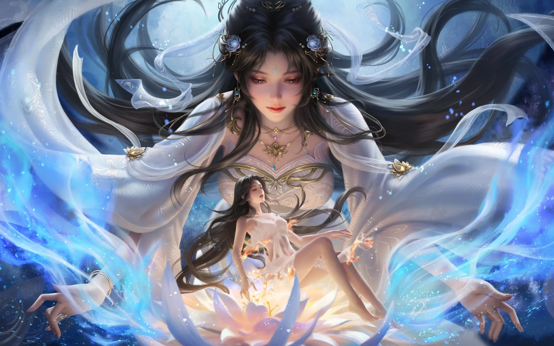 古风 CG 双神女莲花 4K 仙气壁纸、蓝白光效玄幻桌面背景