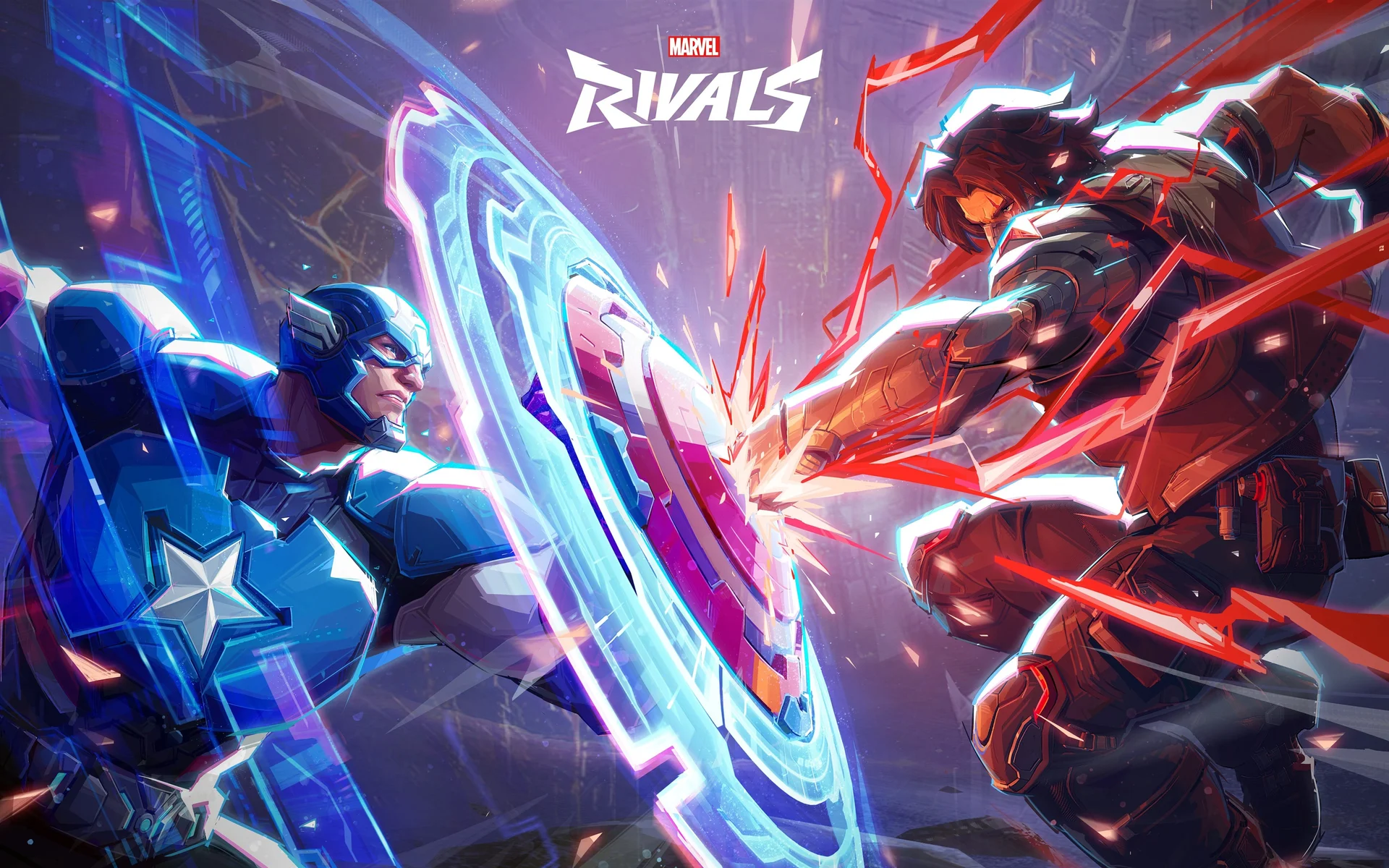 漫威争锋美队 vs 冬兵 4K 游戏宣传壁纸、红蓝对战桌面背景