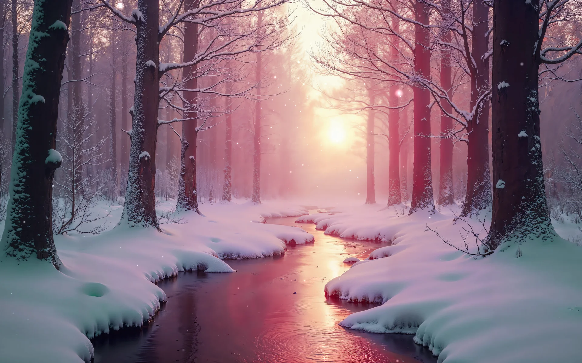 冬日森林溪流 4K 壁纸，粉金晚霞治愈雪景